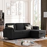 Vongrasig Convertible Sectional Couches, 3 Seat L Shaped Couch Sofa with Removable Pillows Soft Corduroy Fabric Small Couch Mid Century for Living Room, Apartment and Office Black