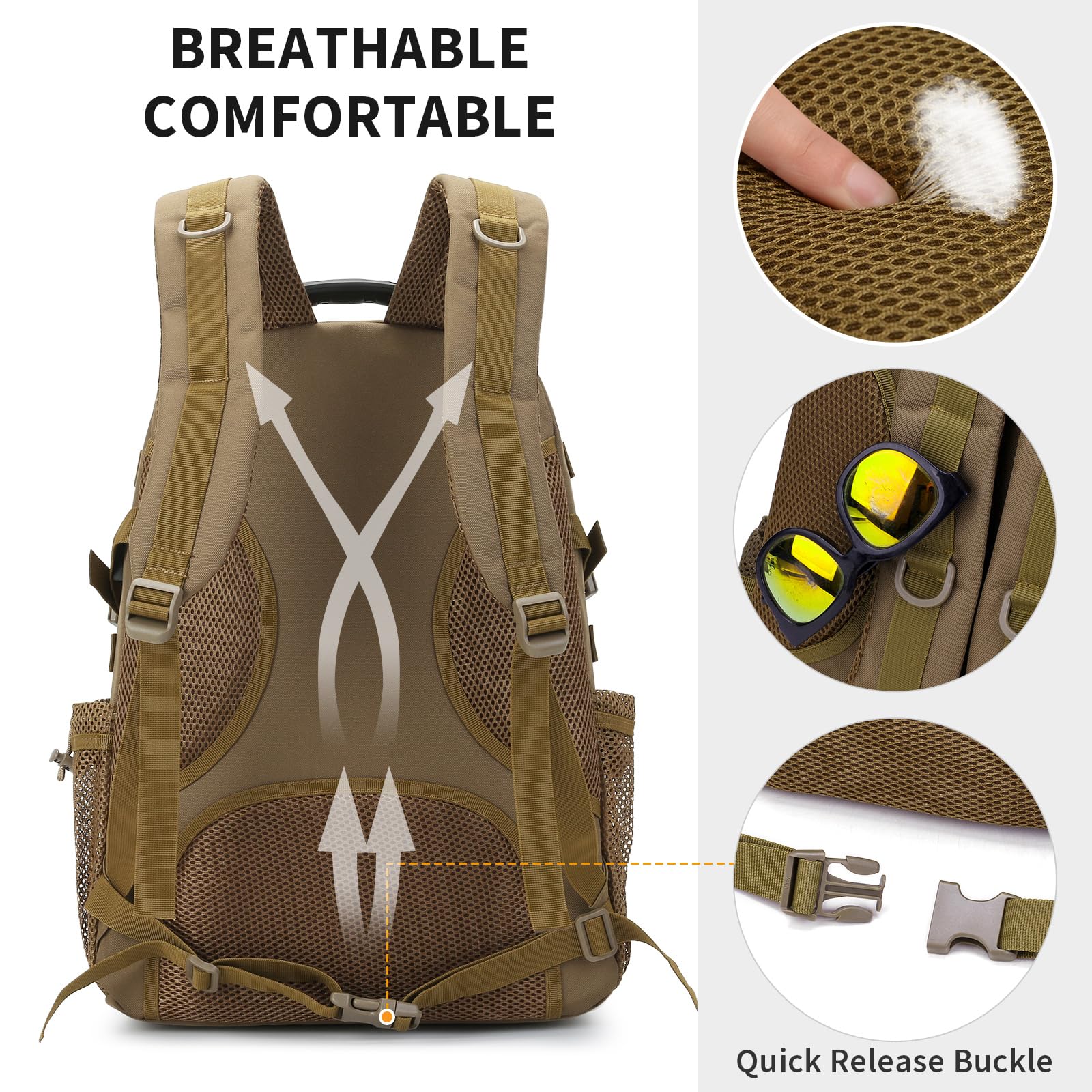HUNTVP Mochila táctica militar de 40 L, mochila grande del ejército de 3 días, mochila de asalto Molle, mochila de caza WR, Marrón oscuro, Mochila táctica Militray, mochila táctica de senderismo