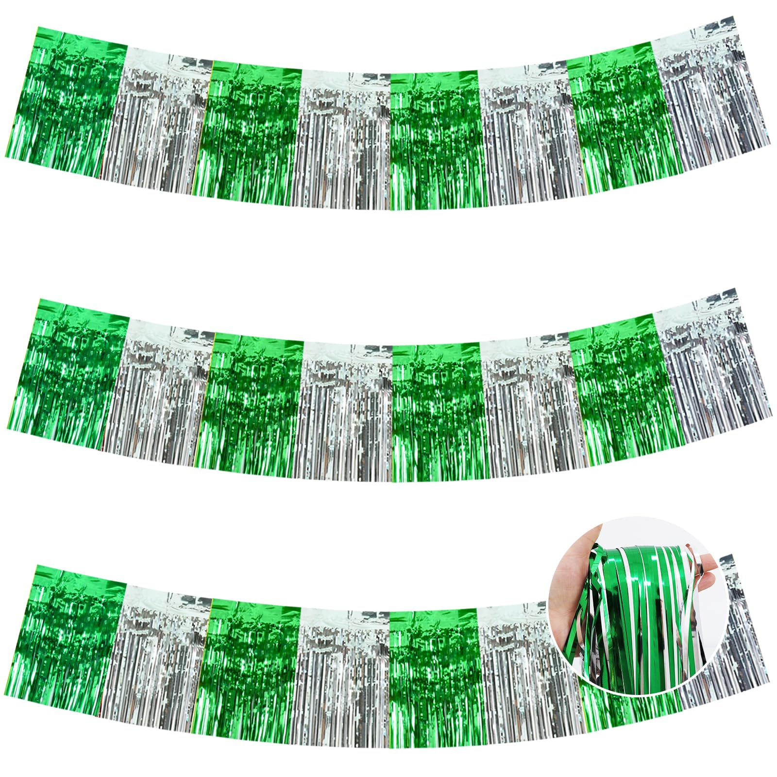 BEISHIDA 3 Pack Green Silver Foil Fringe Garland 30ft Wall Tinsel Banner