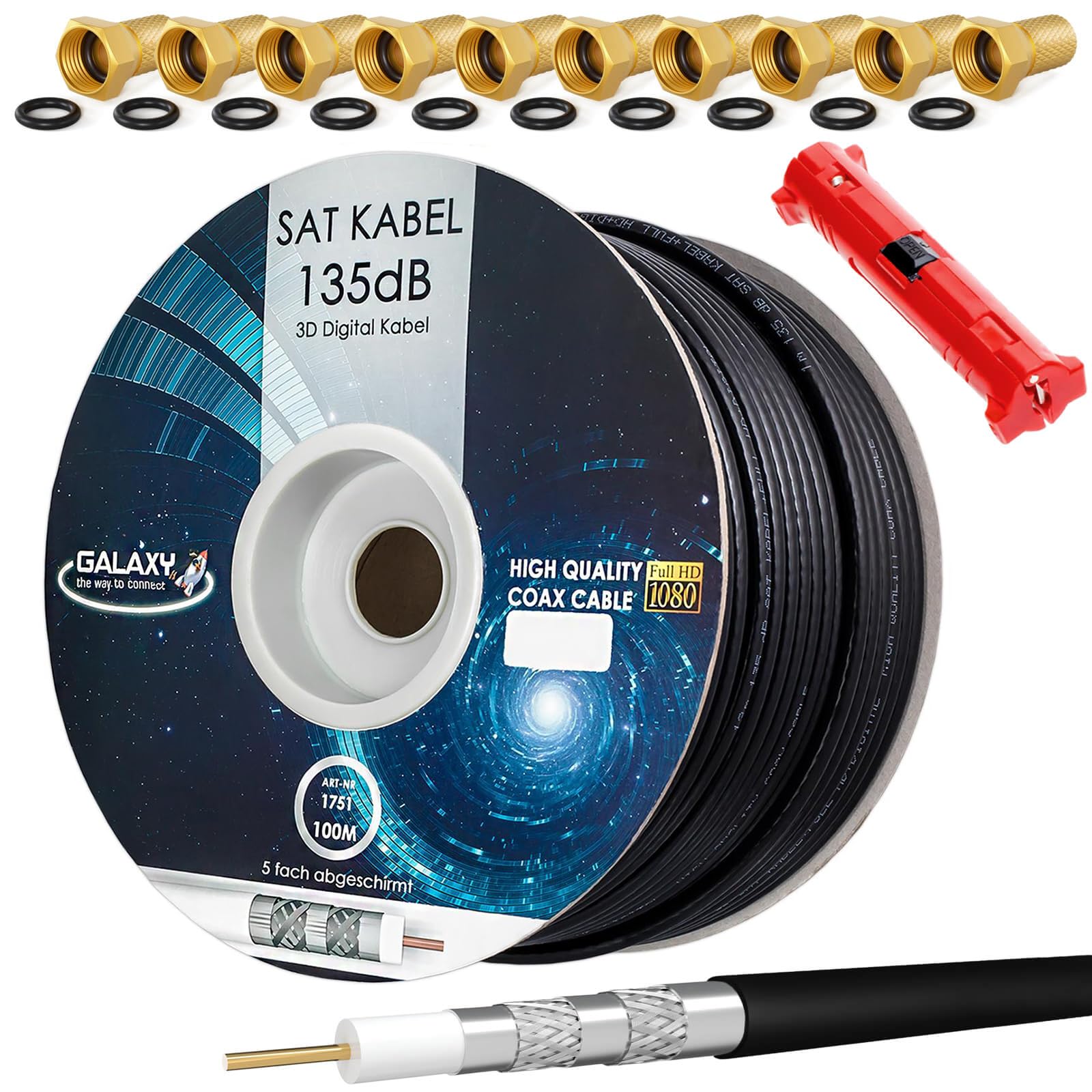 HB-Digital Set 100 m cavo satellitare coassiale 135 db nero + 10 connettori F placcati oro + 1 spelacavi | CCS acciaio rame cavo antenna satellitare 5 schermature per DVB-S/S2 -C/C2 -T/T2 DAB+