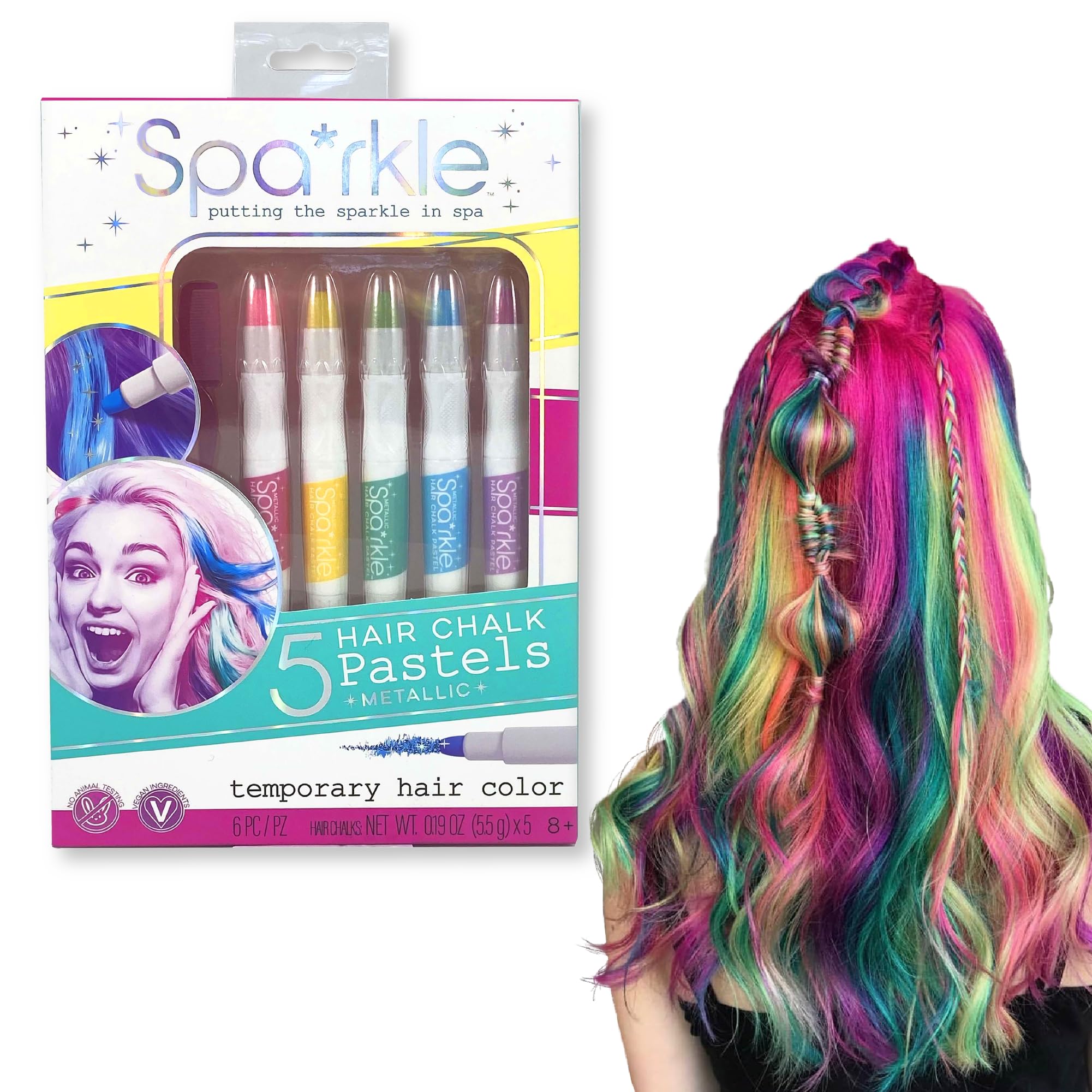 ANCORY SPA*RKLE 5 Metallic Hair Chalk Pastels for Girls Kids - Hair Chalks for Girls - Temporary Non-Toxic Metallic Glitter Washable Pens - Great