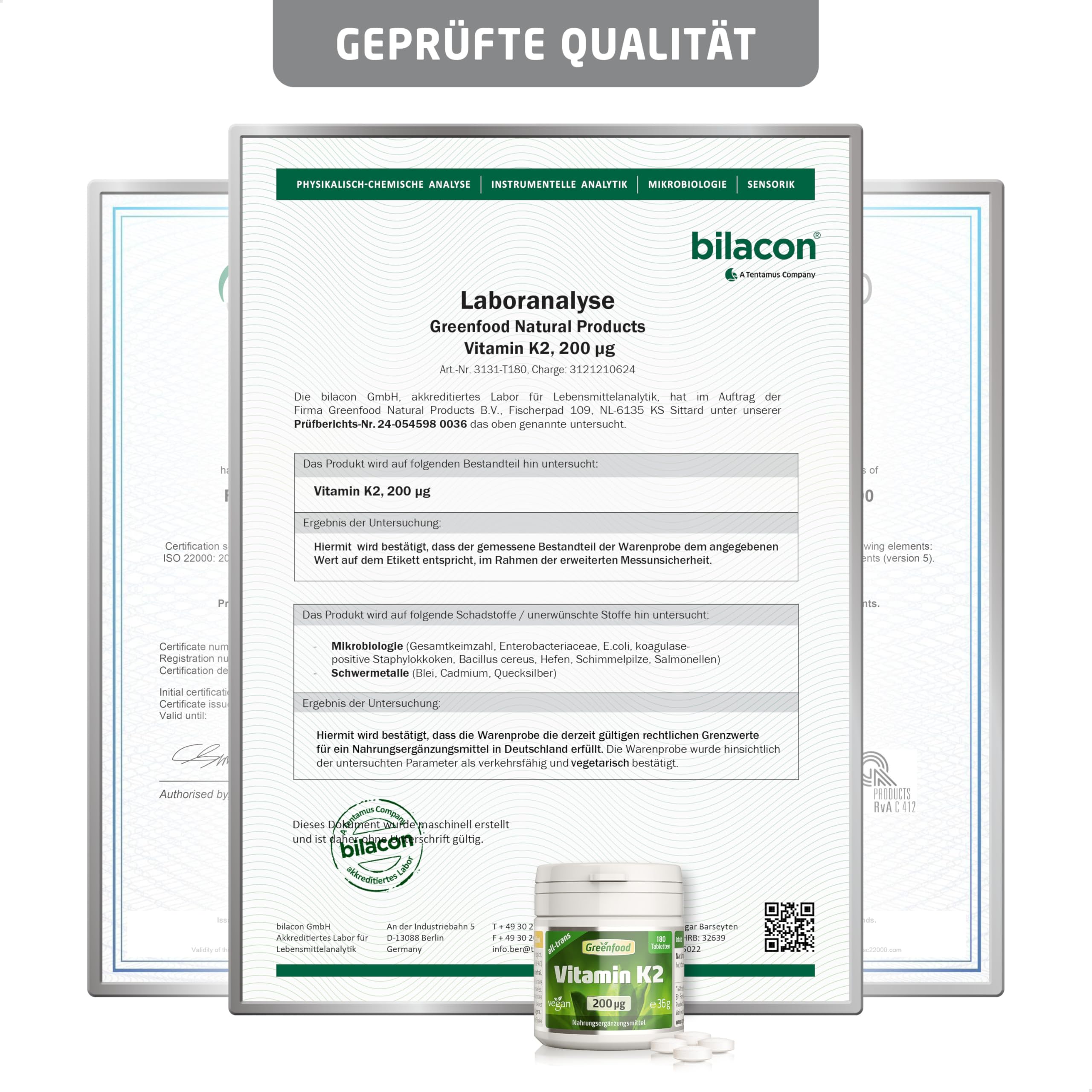 Vitamin K2 (MK7), hochdosiert, 200µg - 180 Tabletten, vegan. Vitamin K2 (Menachinon, all-trans) – für Knochenerhalt & normale Blutgerinnung. OHNE künstliche Zusätze - laborgeprüft. Von Greenfood.