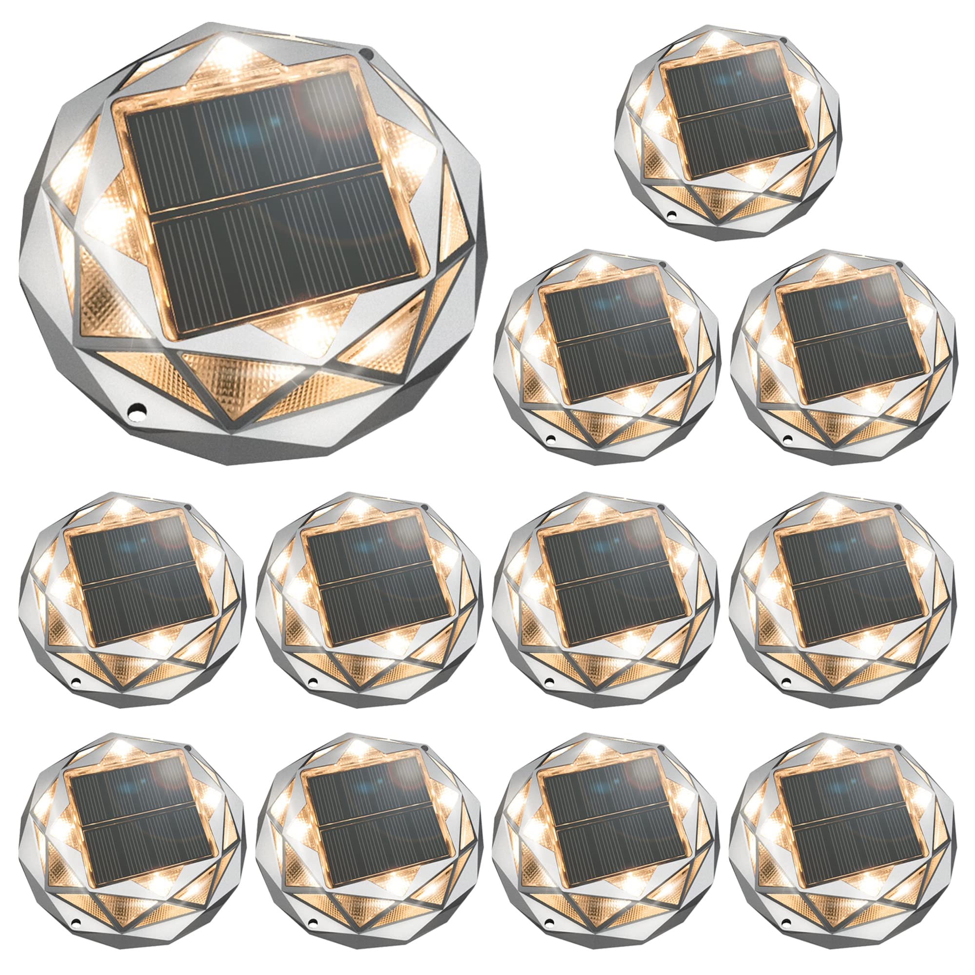 Diamond Shade Solar Deck Lights 12-Pack Solar Dock Lights JACKYLED LED Outdoor Road Markers IP68 Waterproof for Driveway Sidewalk Pathway Garden Lake Boat Dock, Warm White