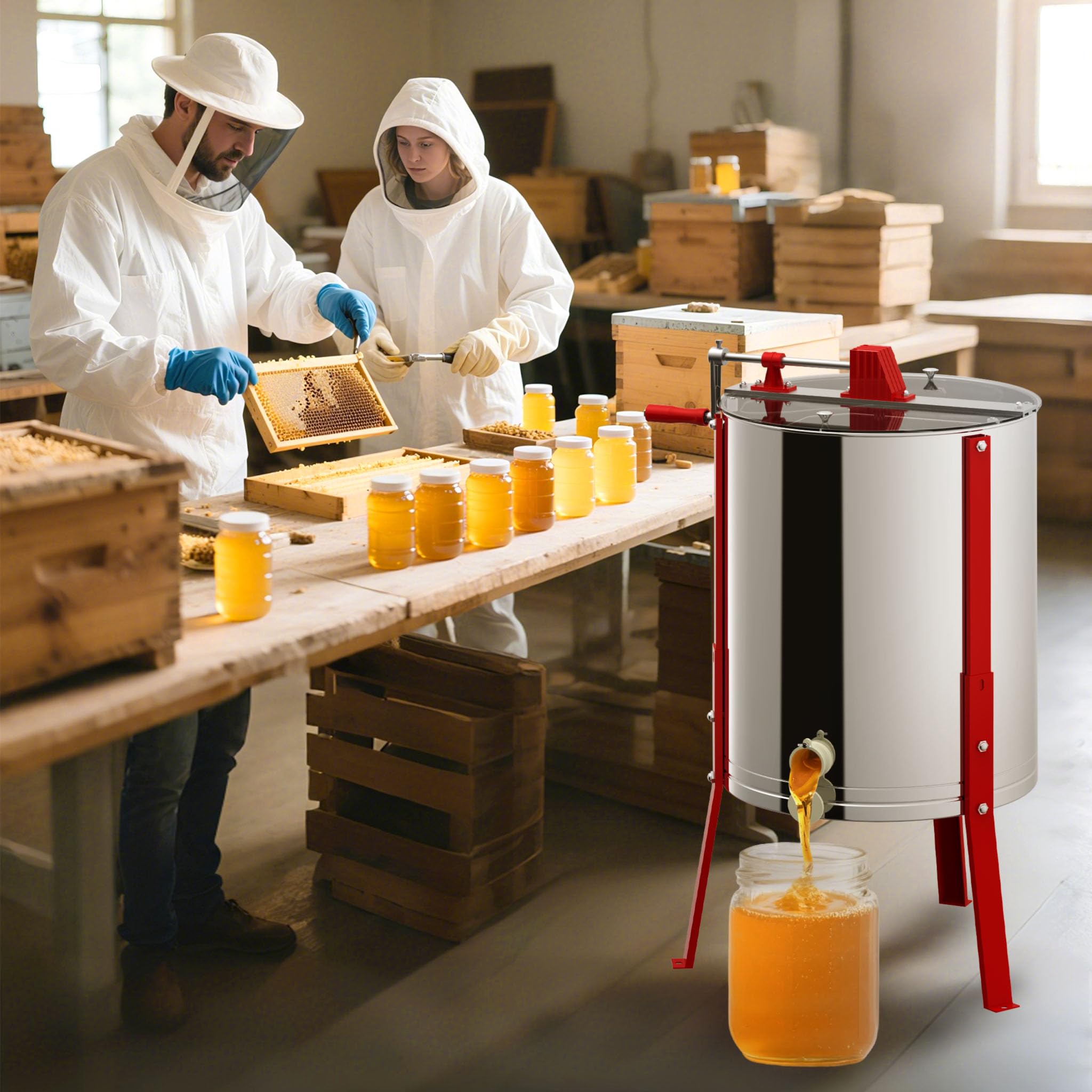 Handbetriebene Honigschleuder Diagonalschleuder aus Edelstahl | 3 Waben Bienenwachs Presse mit robustem Rahmen | Inkl. Sicherheitsdeckel und stabilem Fuß | für Imker und Hobby-Züchter 38 cm