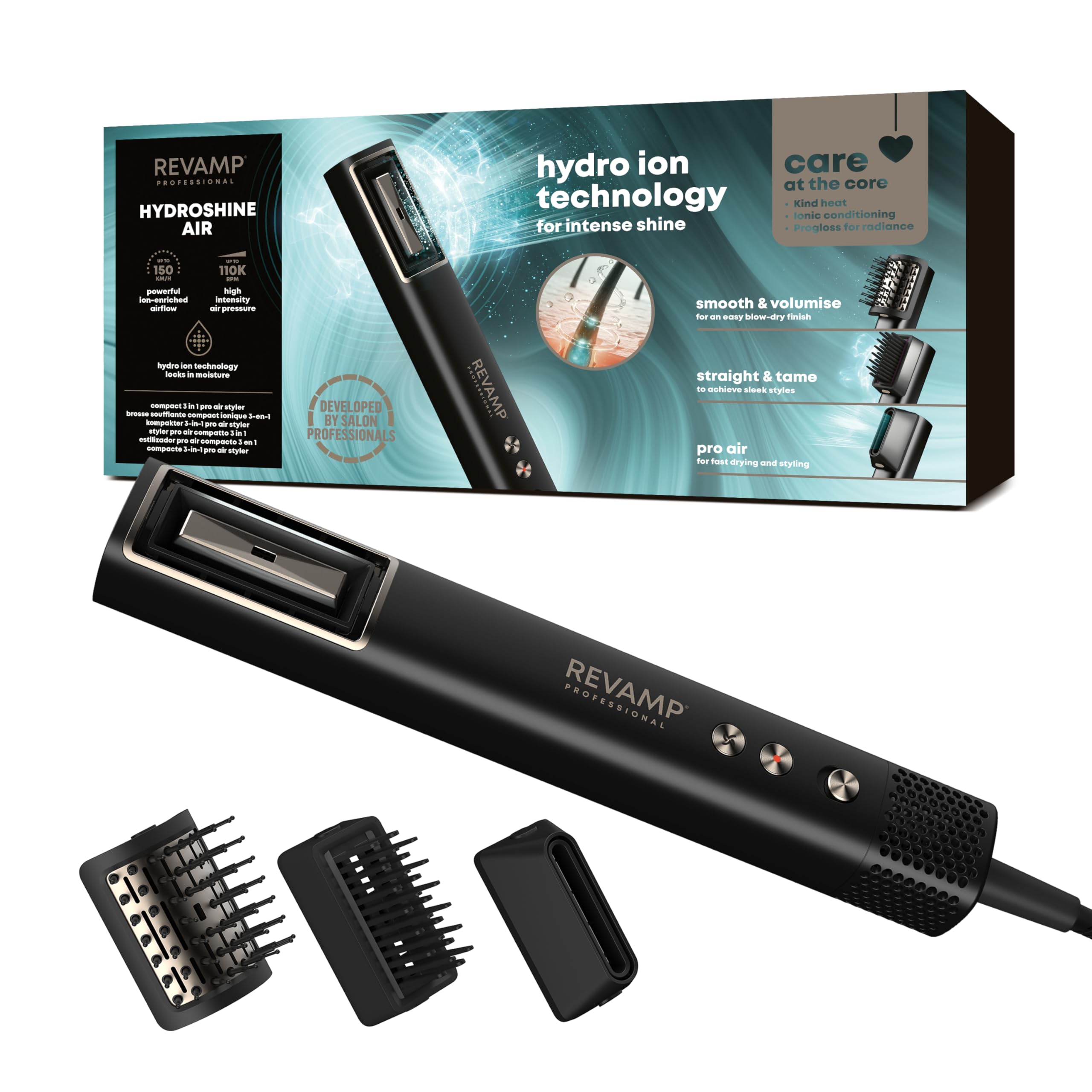 REVAMP HydroShine Airstyler 3-in-1 Heißluftstyler – Mit Hydro-Ionen-Technologie für mehr Feuchtigkeit & Glanz – Inklusive Haartrockneraufsätze – Ultraleichter Multistyler, Kompaktes Design