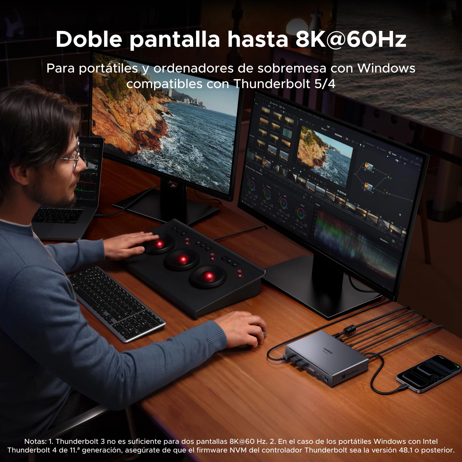UGREEN Maxidok Thunderbolt 5 Docking Station USB C 10 en 1 Doble Pantalla | 2 TBT5, 120Gbps, 1 DisplayPort 8K60Hz, Múltiples USB-A 3.2 10Gbps, RJ45 Gigabit, Lector SD TF 4.0, M.2 SSD, 110W Máx Carga