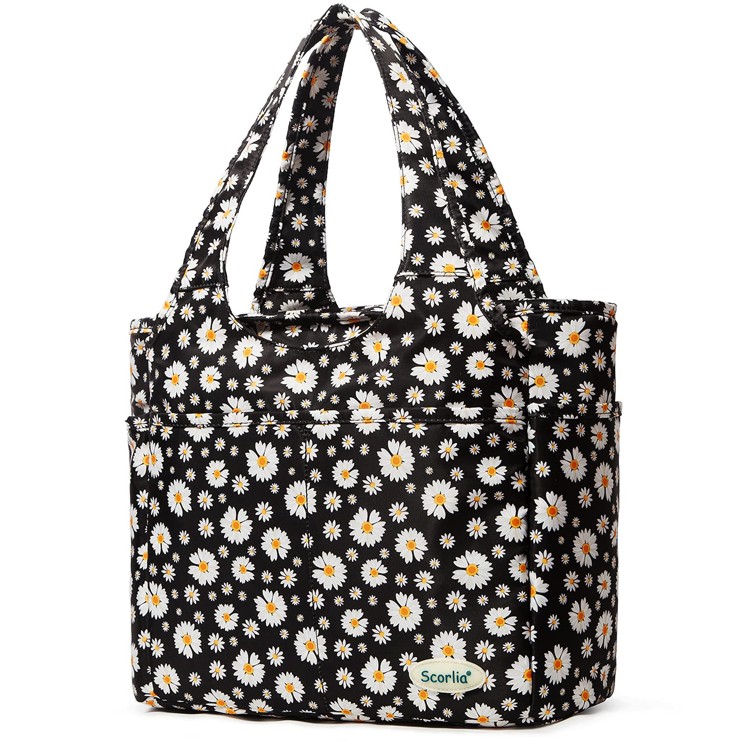ScorliaScorlia Insulated Shoulder Bag, Extra Large Lunch Tote Handbag, Durable Reusable Cooler Ladies Lunch Box Bag with Side Pockets, Tall Drinks Holder for Women Men Work, Black with White Flower