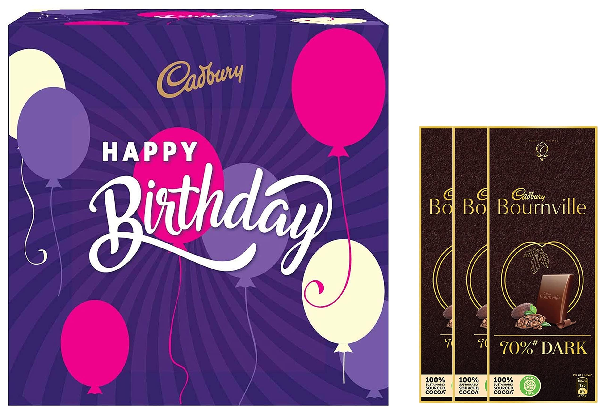 Cadbury Birthday Celebrations Box, 430g & Bournville Rich Cocoa 70% Dark Chocolate Bar, 3 x 80 g