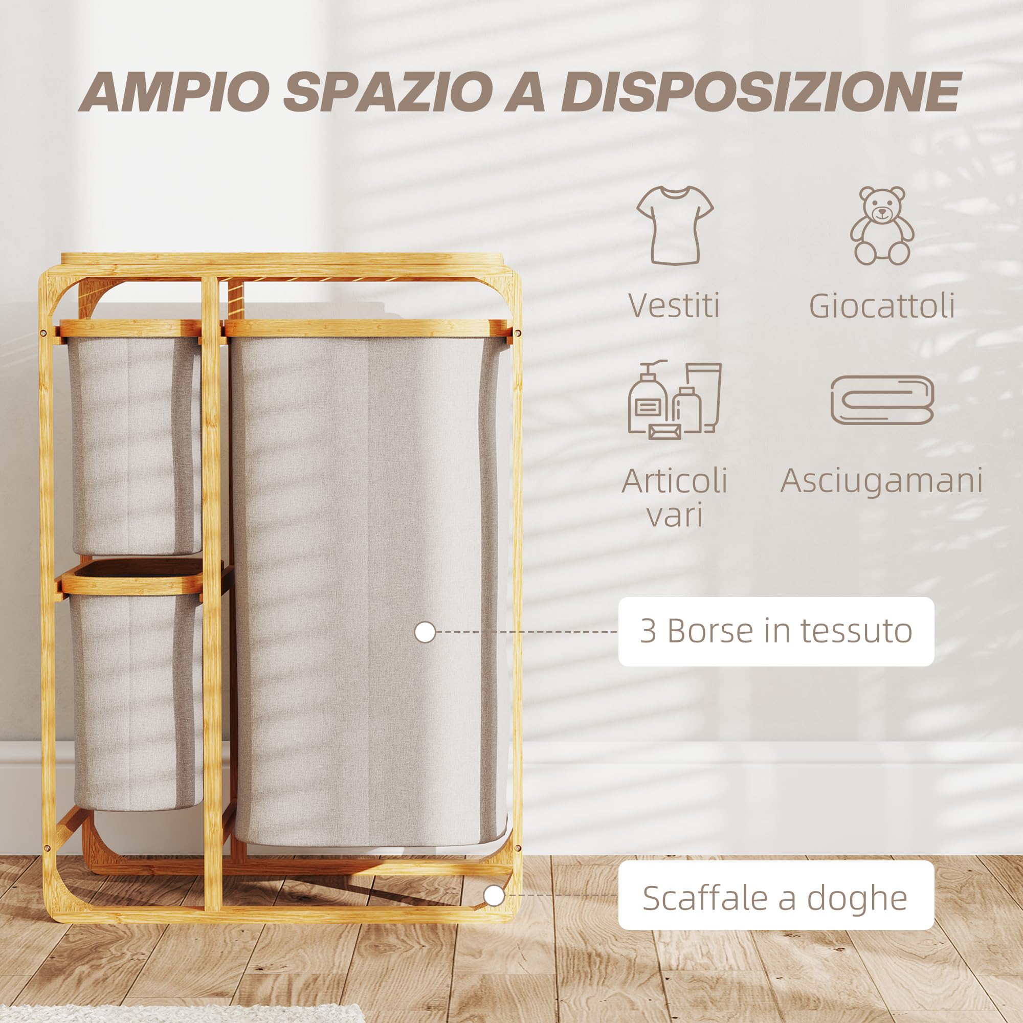 HOMCOM Cesto Portabiancheria Salvaspazio, Cesto Portabiancheria Elegante con 3 Sacchi e Ripiani in Tessuto, Bambù, 50x32x69.7 cm, Color Bambù e Crema