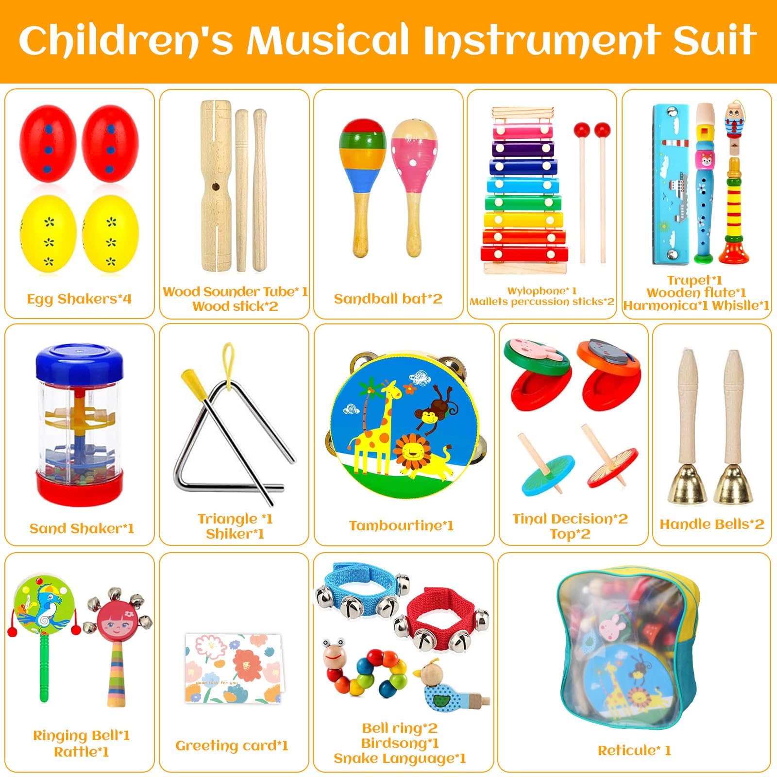 34 Pezzi Strumenti Musicali Bambini,Percussioni per Bambini con Zaino,Percussioni per Bambini con Borsa,Strumenti Musicali Percussioni Giocattolos in Legno,Strumenti Musicali Montessori