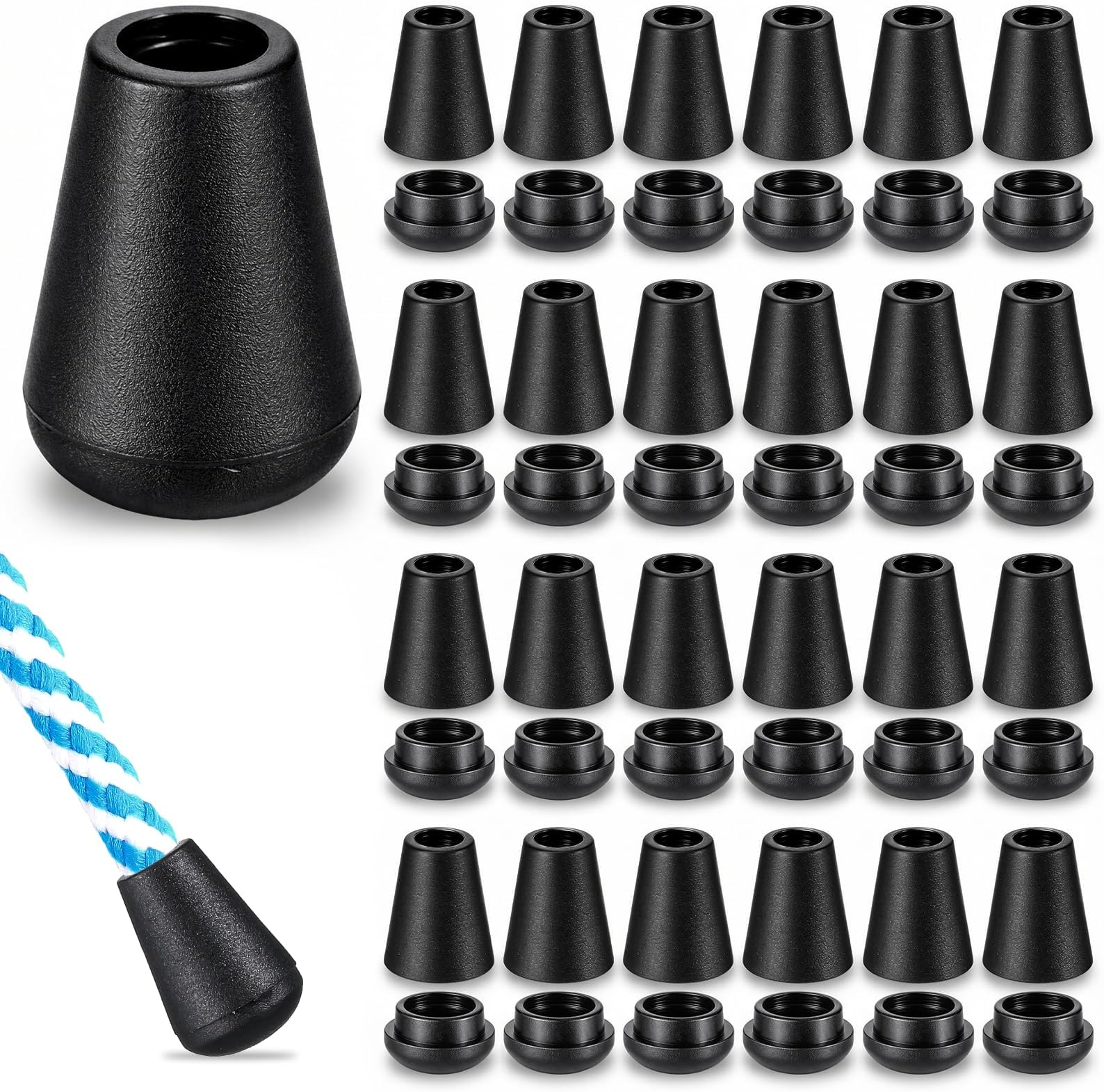 50 Pack Plastic Paracord Cord Ends Caps, Black Cord Ends Bell Stopper with Lid Lock Drawstrings Rope Cords Lock Replacement for Shoelace Clothes Sportswear Windbreaker Drawstrings