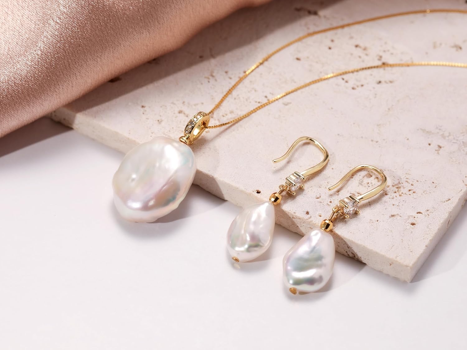 White Baroque Pearl Necklace and Earring Set 10-18mm S925 Sterling Silver Detachable Natural Freshwater Pearl Pendent Necklace Drop Earrings Set Vintage Pearl Jewelry Gift For Women - Image 2