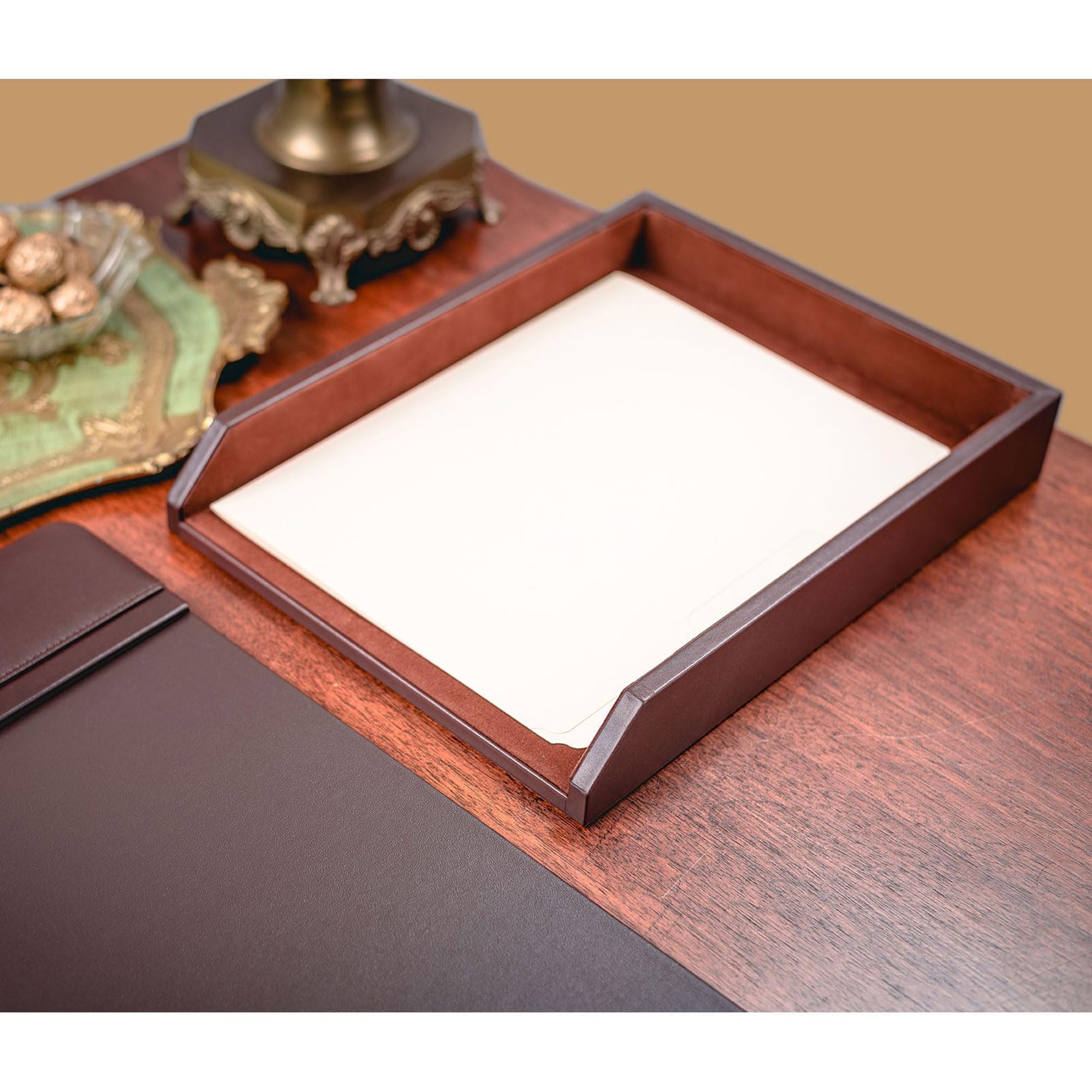 Dacasso Leather Desktop Letter Tray - Luxury Office Paper Organizer In Chocolate Brown