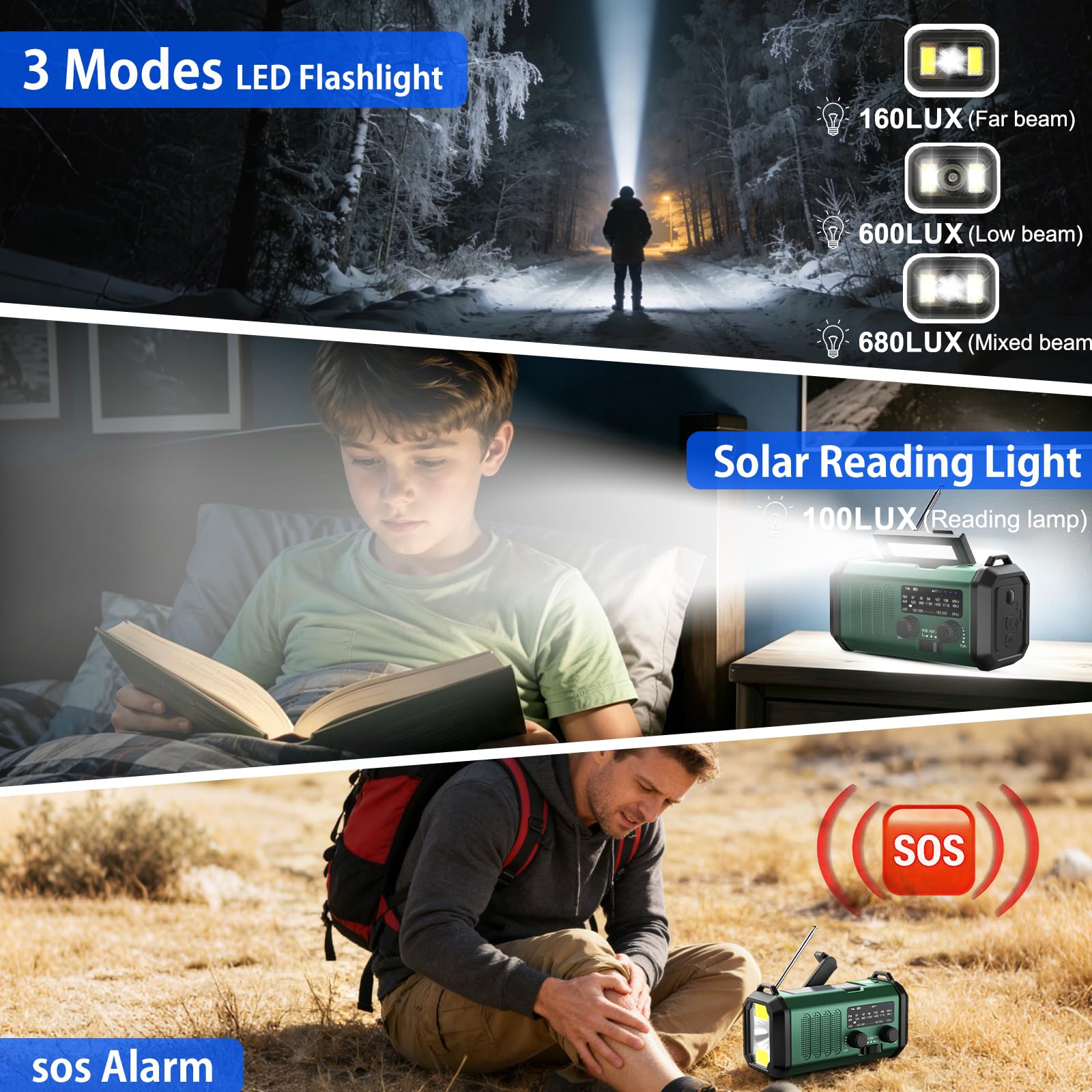 Leaton Notrufgerät mit Handkurbel, NOAA Wetterradio AM/FM, 10.000 mAh | Solar-Powerbank, wiederaufladbar, batteriebetrieben, USB-C-Ladegerät, Taschenlampe, SOS-Alarm, für Camping, Survival-Notfälle