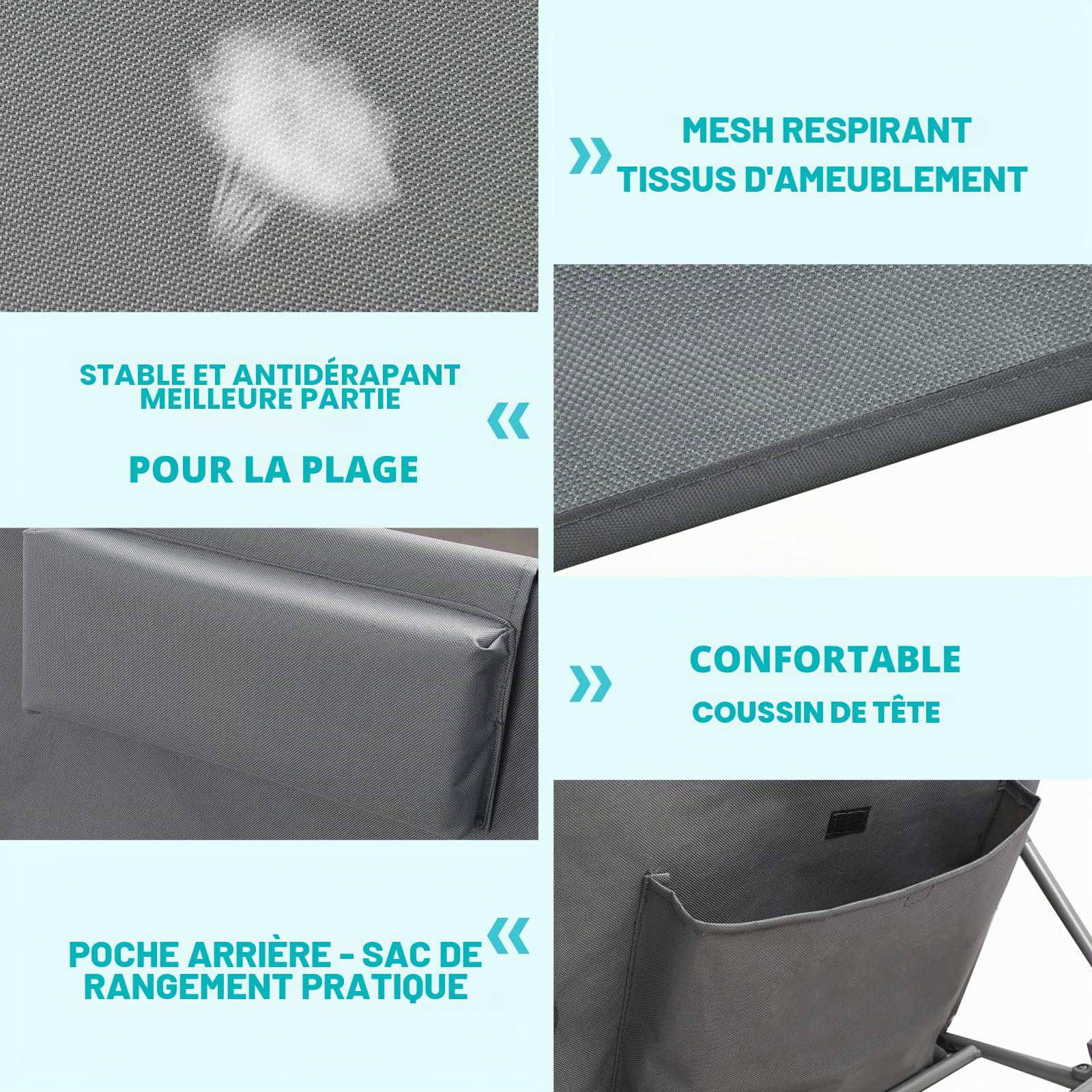 Lot de 2 Bain de Soleil, Chaise Longue, Tapis de Plage, Transat de Plage, avec Appui-tête - Bandoulières - Dossier Réglable 5 Positions, pour Camping, Jardin, Piscine, 160 x 52 cm, Gris