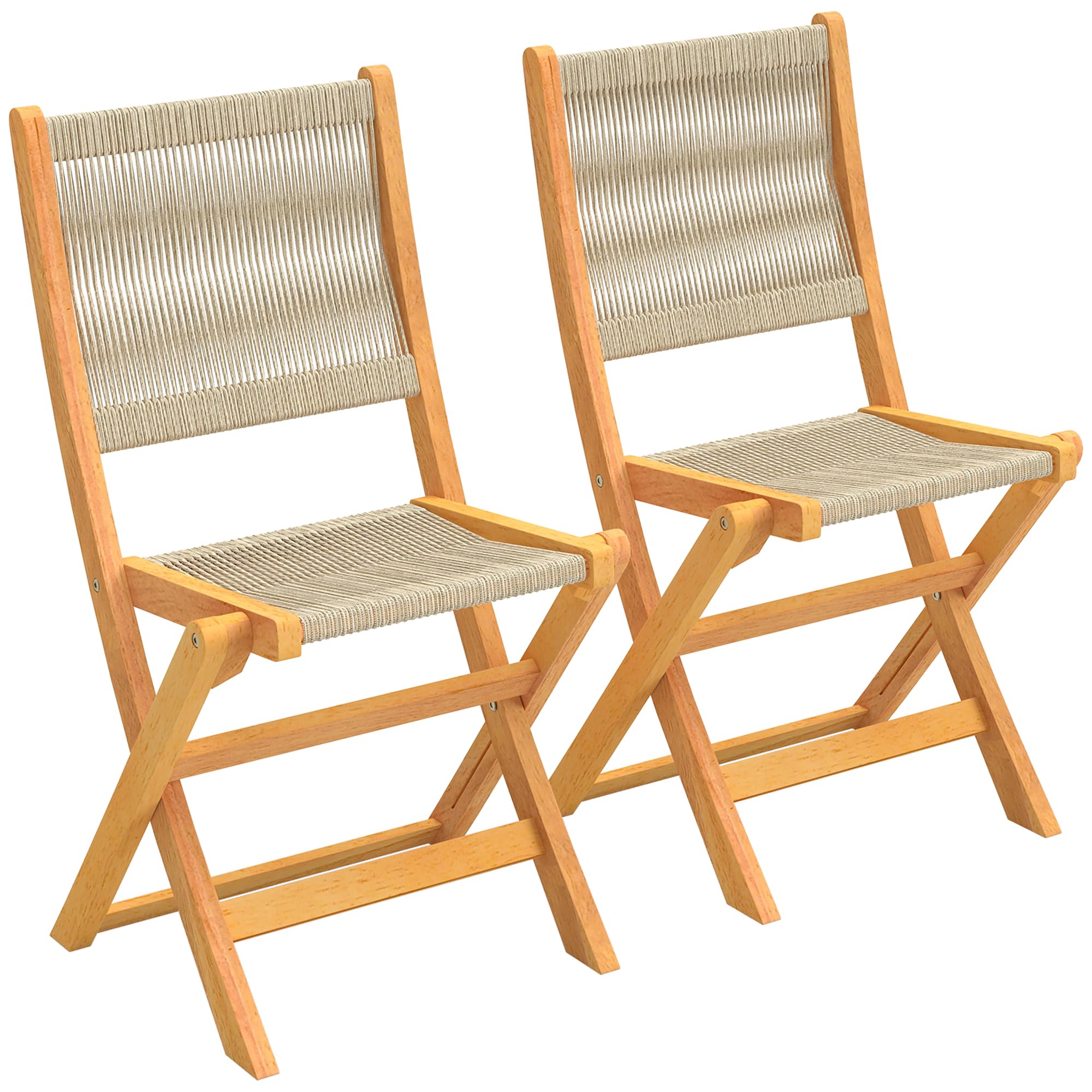 Outsunny Lot de 2 Chaises de Jardin Pliantes en Bois d'Acacia FSC - Chaises de Balcon avec Dossier et Assise en Corde Tressée - Gain de Place, Aucun Assemblage Requis, Charge 160 kg, Naturel et Beige