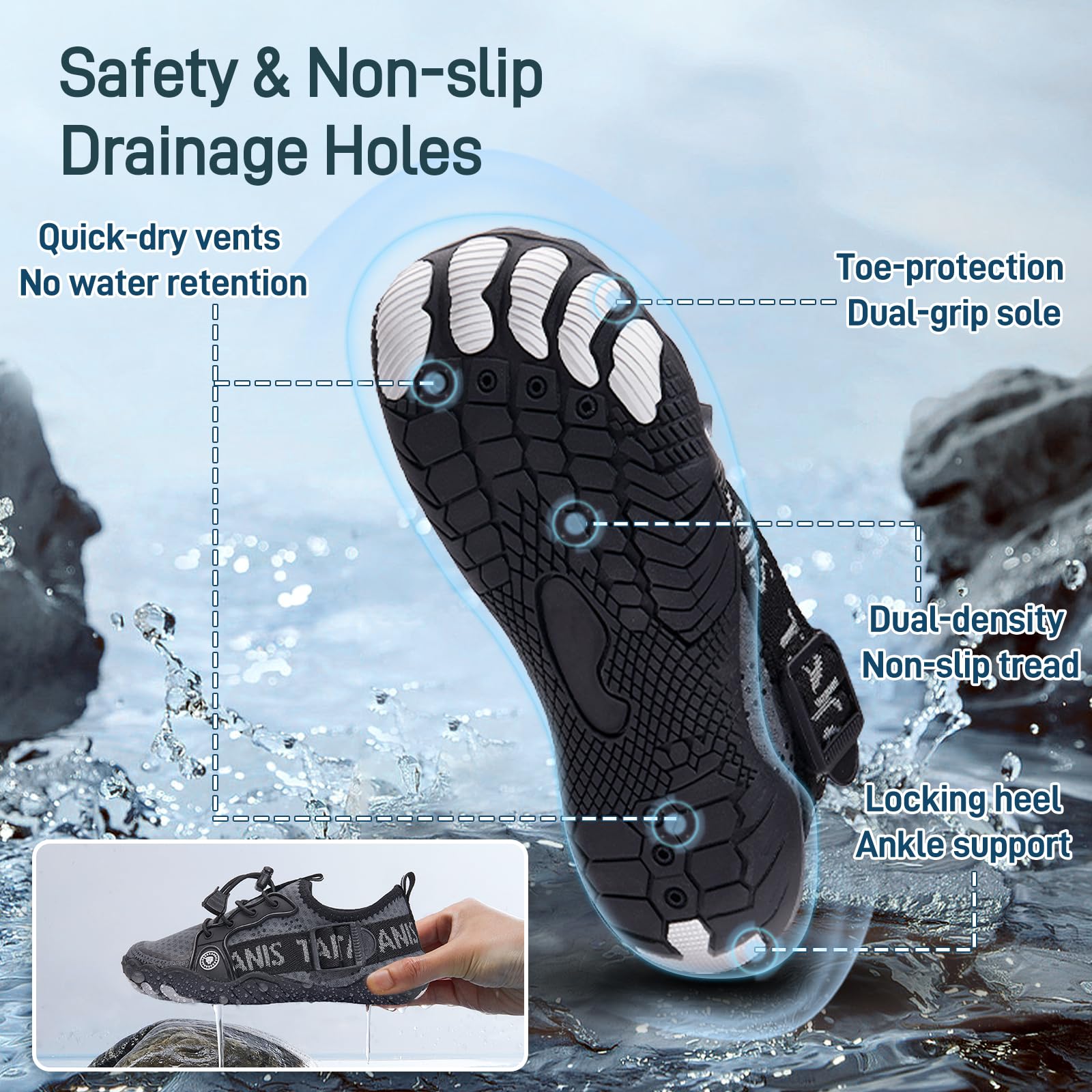 TARANIS Boys and Girls Barefoot Water Shoes,Quick-Dry Wide Toe Anti-Slip and wear-Resistant,Beach Pool Yoga Jump Rope Surfer Toddler Shoes Black