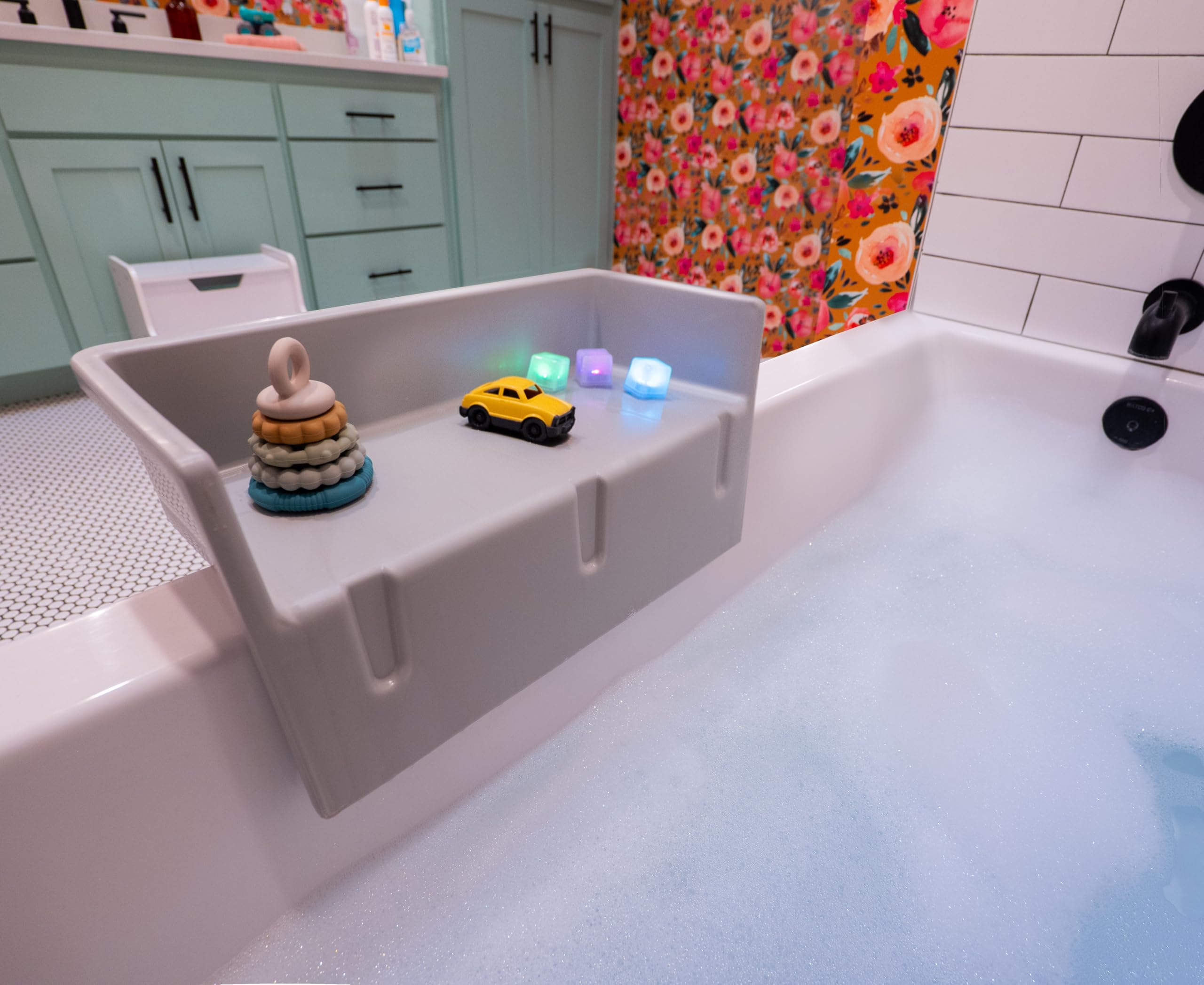 Tub Topper Mini Bathtub Splash Guard &amp; Bath Shelf for Kids - Toy Tray, Gray