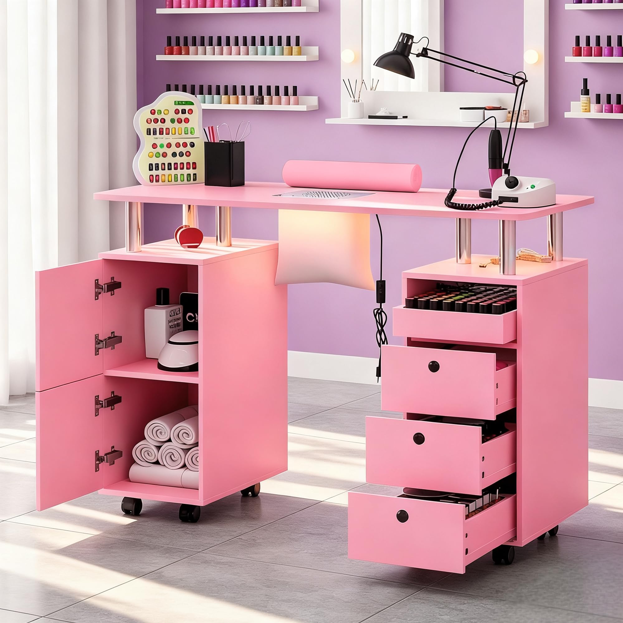 Manicure Table with RGB LED Lights,LED Nail Desk with Wrist Rest&3 Drawer&2 Cabinet,Nail Station Beauty Technician Desk with Electric Dust Collector&Dust Bags,Rolling Nail Table with Lockable Wheel