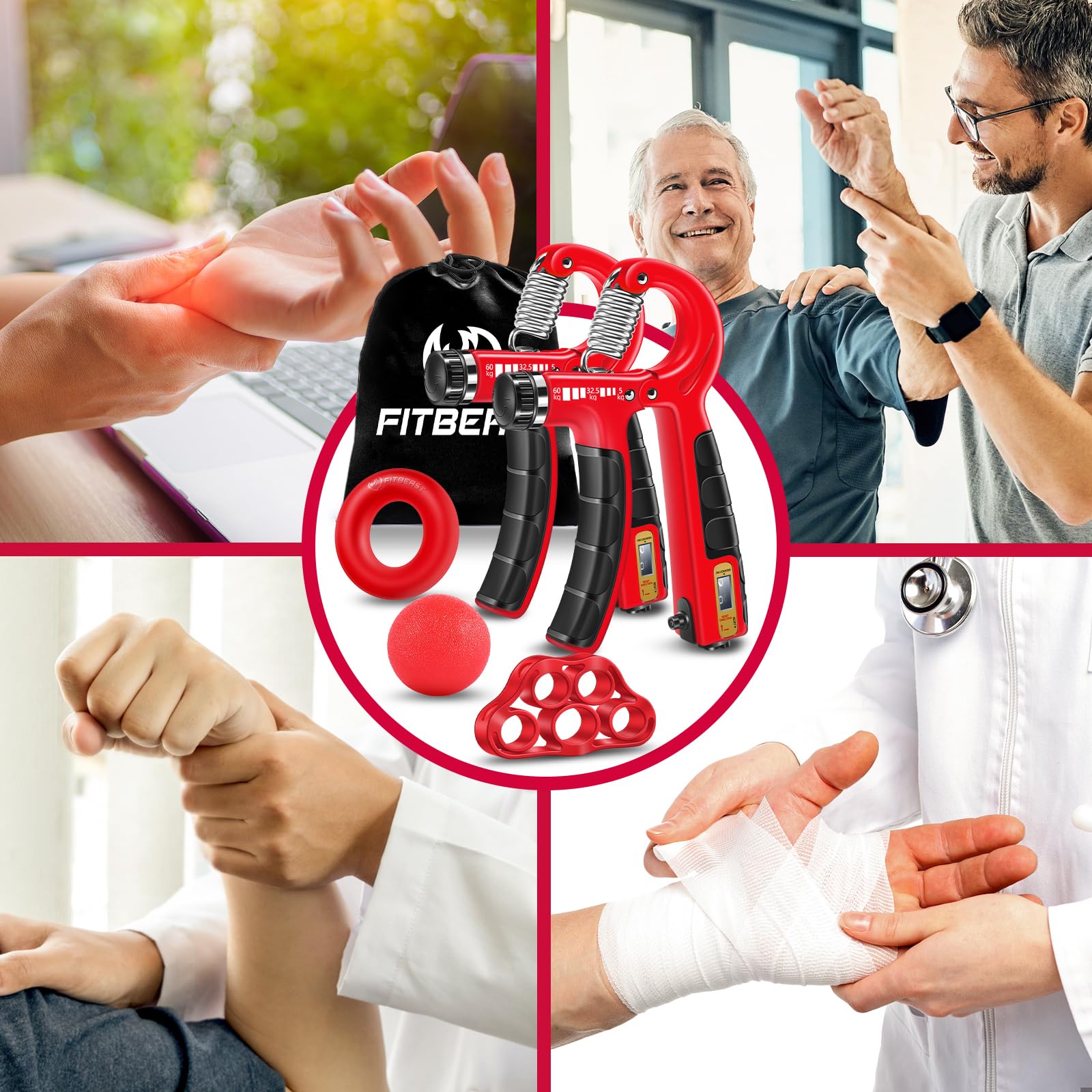FitBeast Kit di Allenamento per Rinforzare la Presa 5 Pezzi, 2 Regolabili per Avambraccio, Estensori per Dita, Anello di Presa e Palla Antistress per Atleti