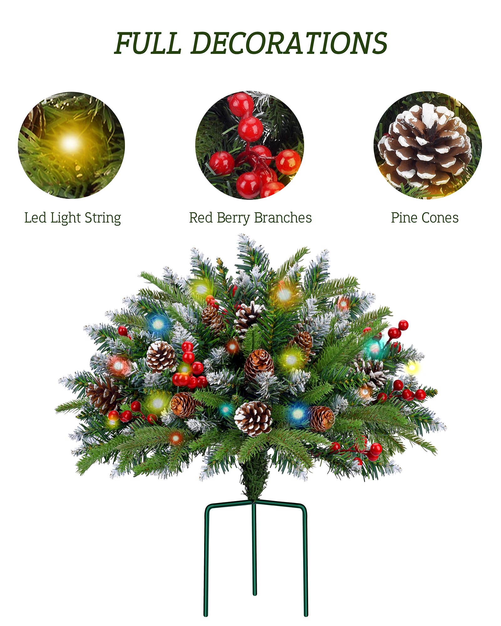 Juego de 2 rellenos de macetas de Navidad para porche delantero al aire libre, árbol de Navidad artificial preiluminado con control remoto, rellenos de macetas navideñas con temporizador