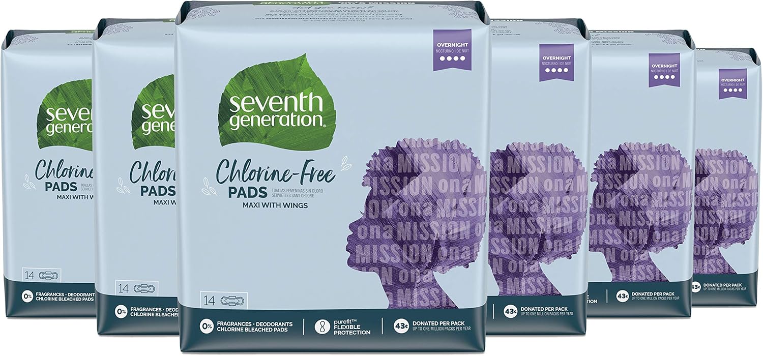 Seventh Generation Maxi Pads with Wings Overnight Absorbency Chlorine Free, Unscented,14 Count - Pack of 6 (Package May Vary)