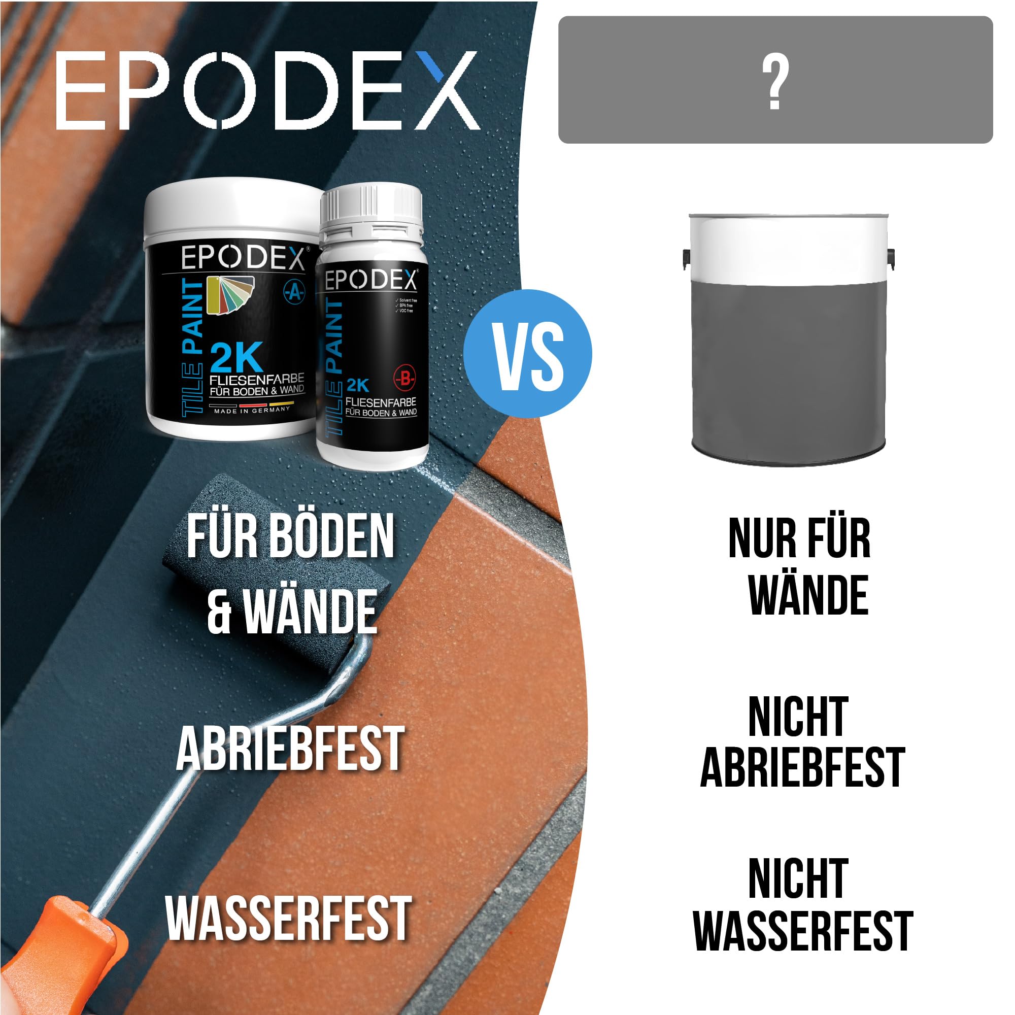 EPODEX 2K Fliesenfarbe Badezimmer, Küche & mehr - Polarweiss | Hochwertige Farbe für Wand- und Bodenfliesen, wasserfester & abriebfester Fliesenlack, 1,8kg - 7m² für 2 Anstriche