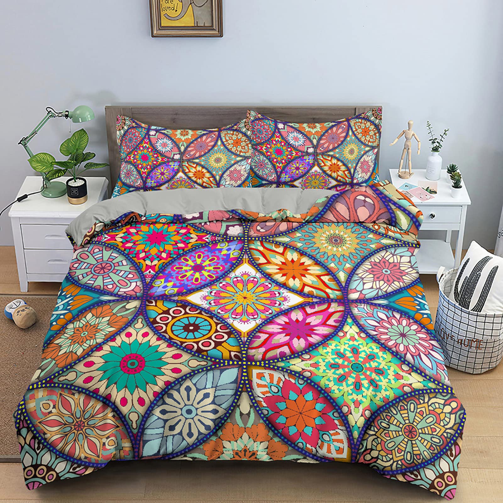 Dwetcxo King Size Duvet Cover Sets Colorful Mandala Flower Kingsize Duvet Cover Sets Microfiber Breathable King Size Bedding Soft Bedding with Zipper Closure+2 Pillowcases 50x75cm 220x240cm