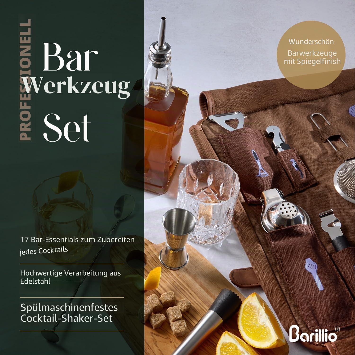 Barillio Barkeeper-Tasche, Reise-Barkeeper-Set, Tasche mit Bar-Werkzeugen, professionelles 17-teiliges Bar-Werkzeug-Set mit tragbarer, gewachster Canvas-Tasche inklusive Schultergurt für einfachen