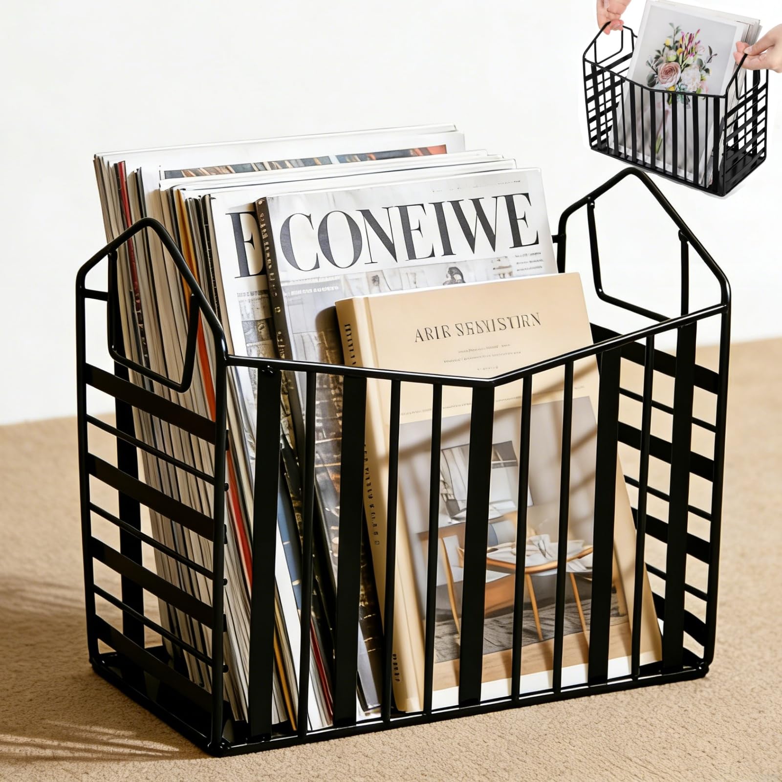 Noamus Metal Magazine Holder, Document File Rack with Handle, Newspaper Book Folder Mail Organizer Bin, Iron Wire Tablet Storage Basket Stand for Home Office Bathroom Bedroom Den Living Room, Black-image-26