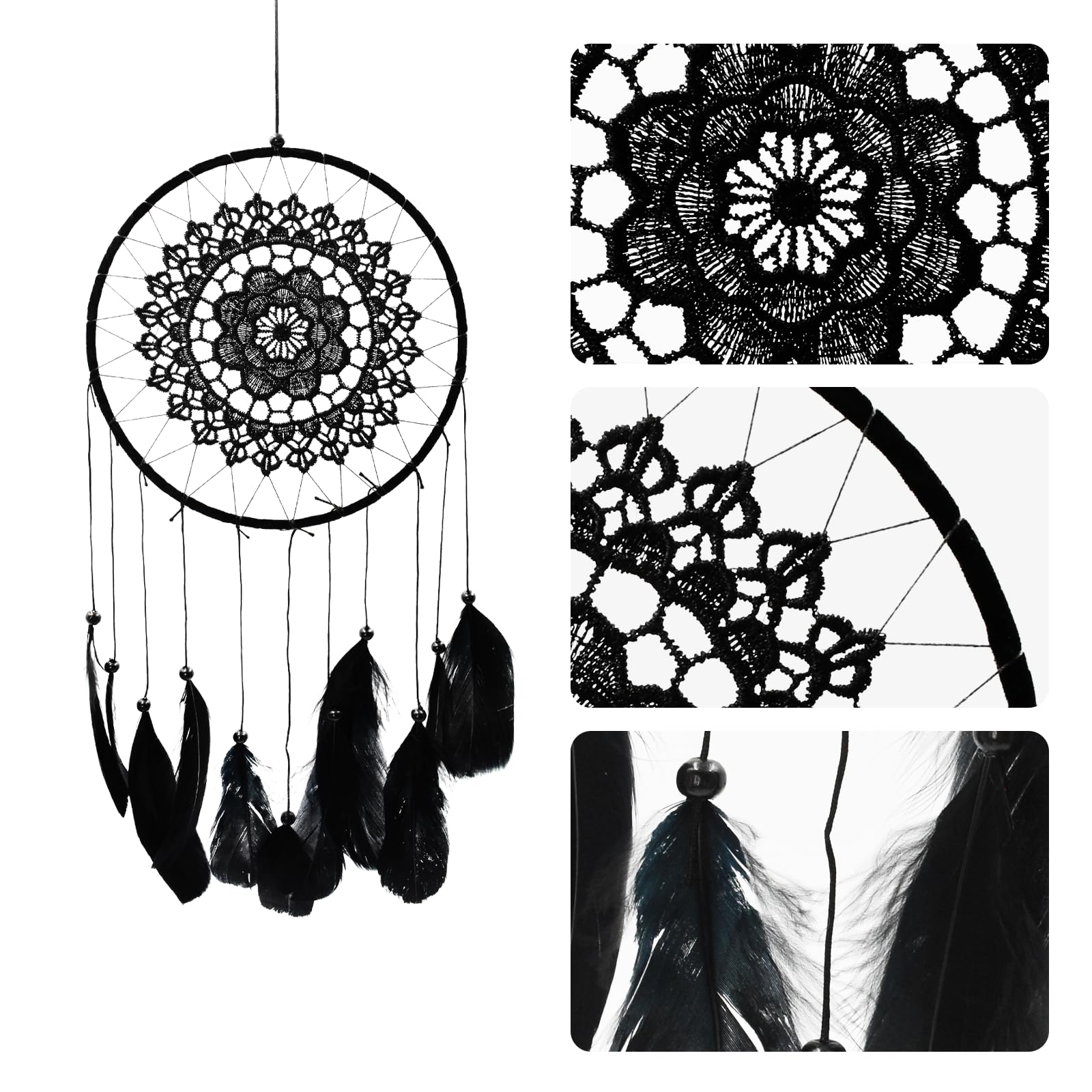 Attrape Reve pour la chambre à coucher, Attrape RêVes Fait à la Main, Capteur de Rêves avec Plumes et Perles, suspendu pour Maison Chambre Coucher Fête Attrapeur, cadeau artisanal (Noir)
