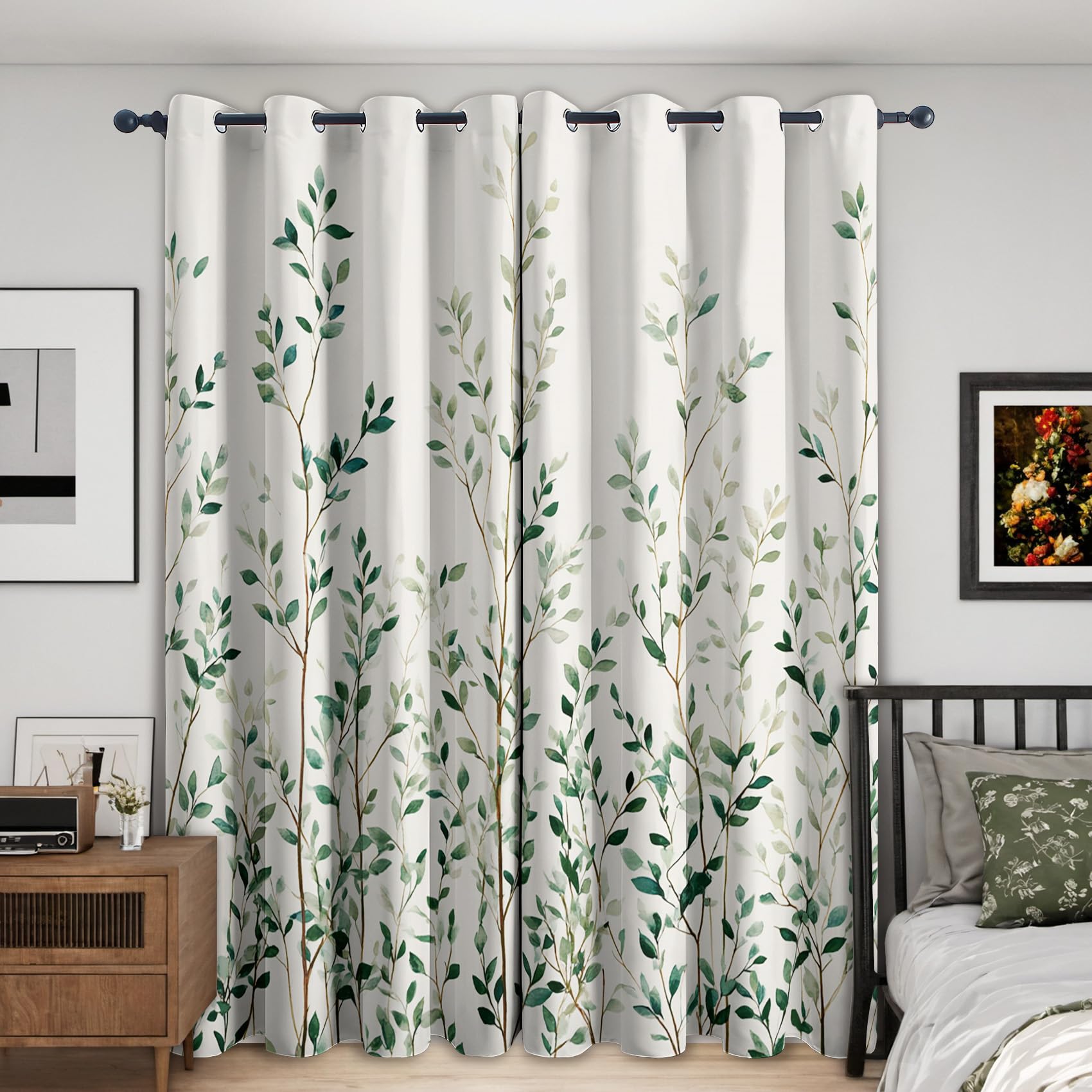 Generisch Blickdichte Vorhänge Weiß Grünes Blatt Muster, H 200 x B 140 2er Set - Pflanze Baum Fenster Gardinen mit Ösen, 200 cm Lang Curtains Wohnzimmer Schlafzimmer Deko JU160