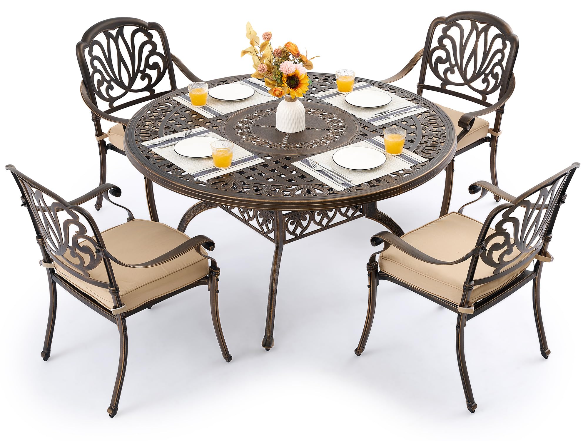 Attliasalon 5 Piece Outdoor Dining Set Cast Aluminum, Retro Patio Dining Furniture Set for 4 Includes 54’’ Round Table 4 Chairs with Thicker Cushion