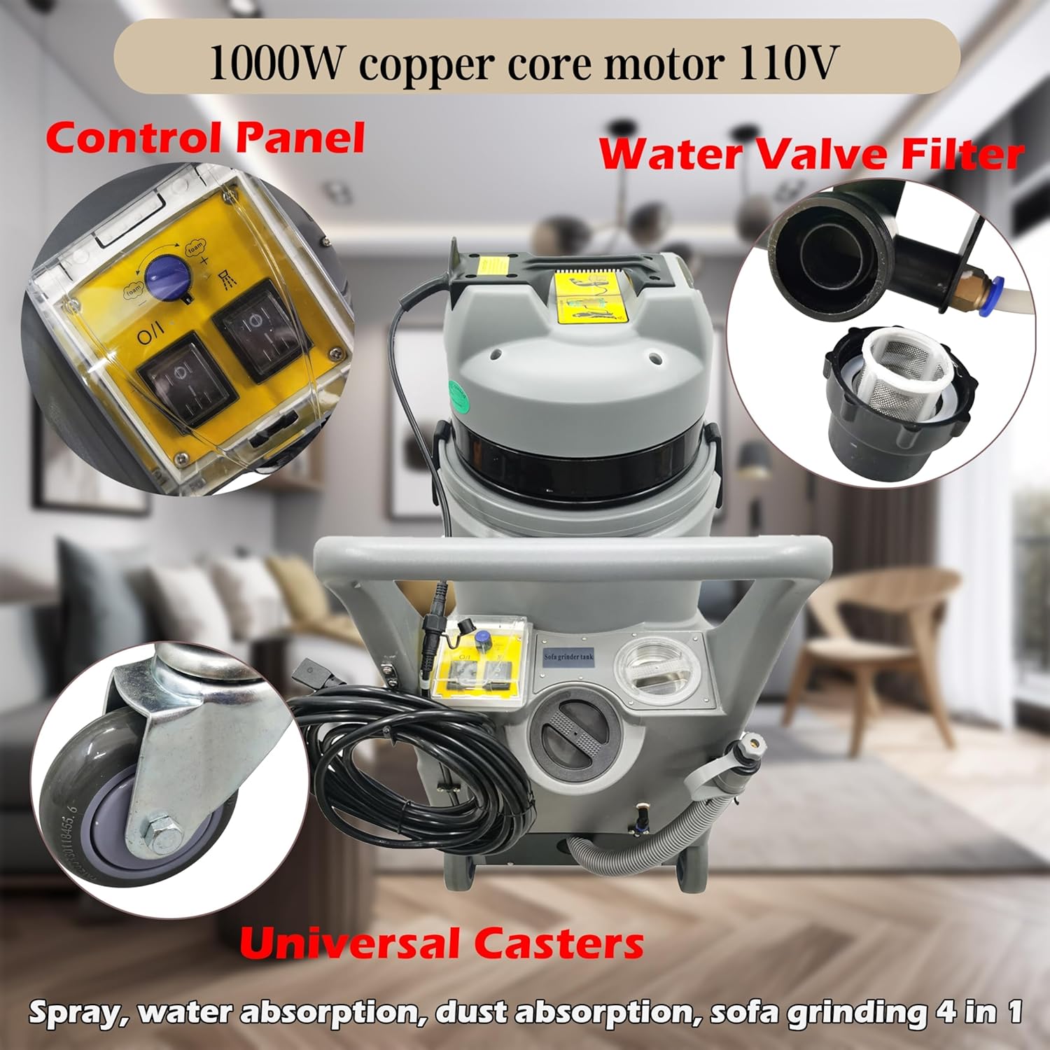 Carpet Extractor Machine 7.9gal Wet Dry Vacuum Cleaner with 3-in-1 Spray/Wash/Dry With Grinding Head for Home Commercial Use 110V 1000W
