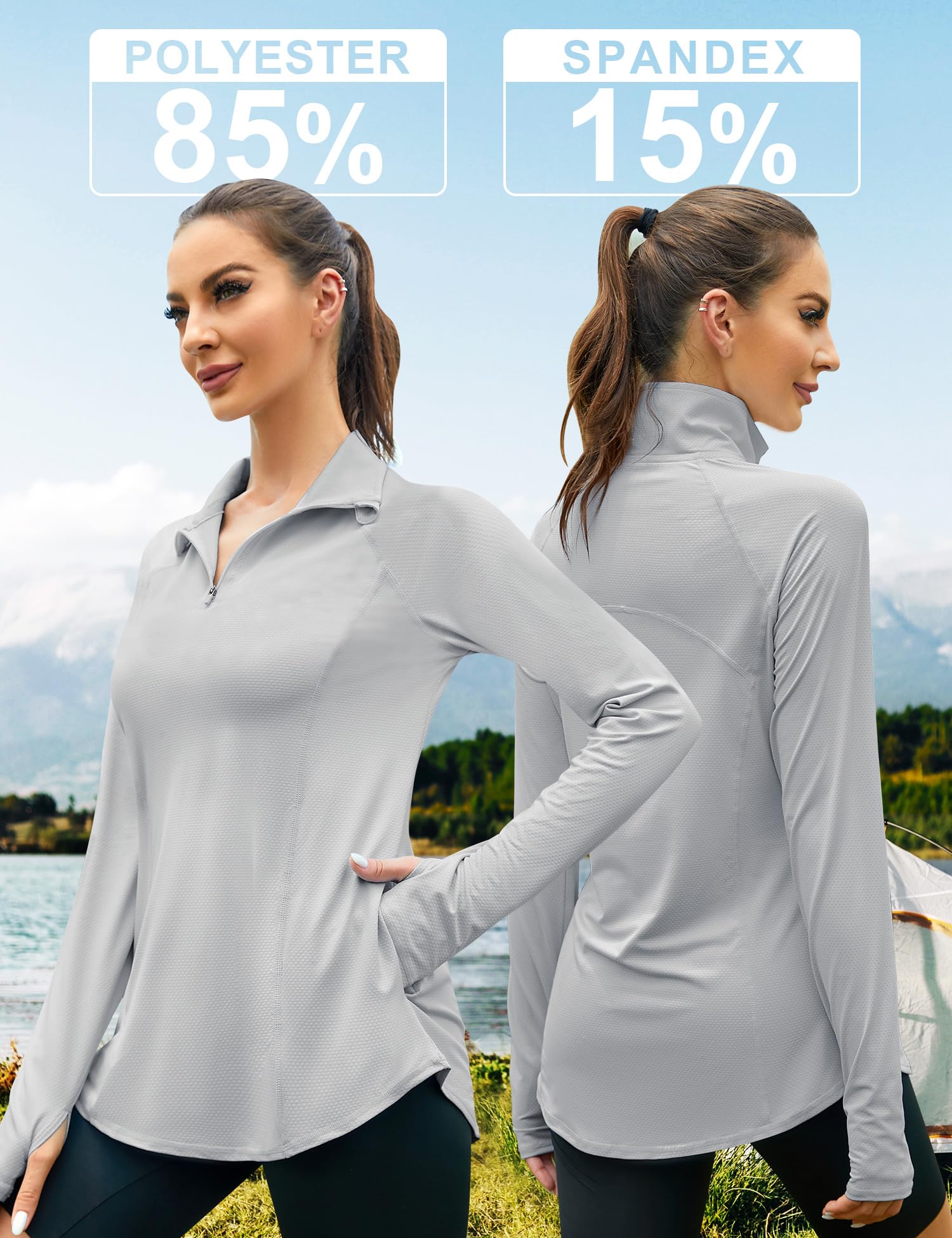 IECCP Camisetas ligeras con protección solar UPF 50+ para mujer, con cremallera de 1/4, manga larga, para ejercicio