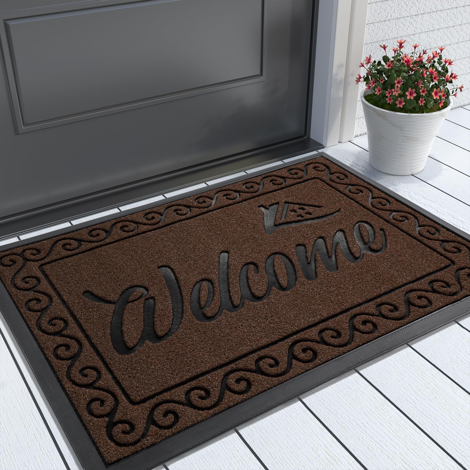 Yimobra Fall Door Mat Outdoor Indoor, Heavy Duty Windproof Welcome Mats for Front Door, Stuady Waterproof Doormat for Patio Porch Outside Entrance, Low Profile, 29.5x17, Coffee