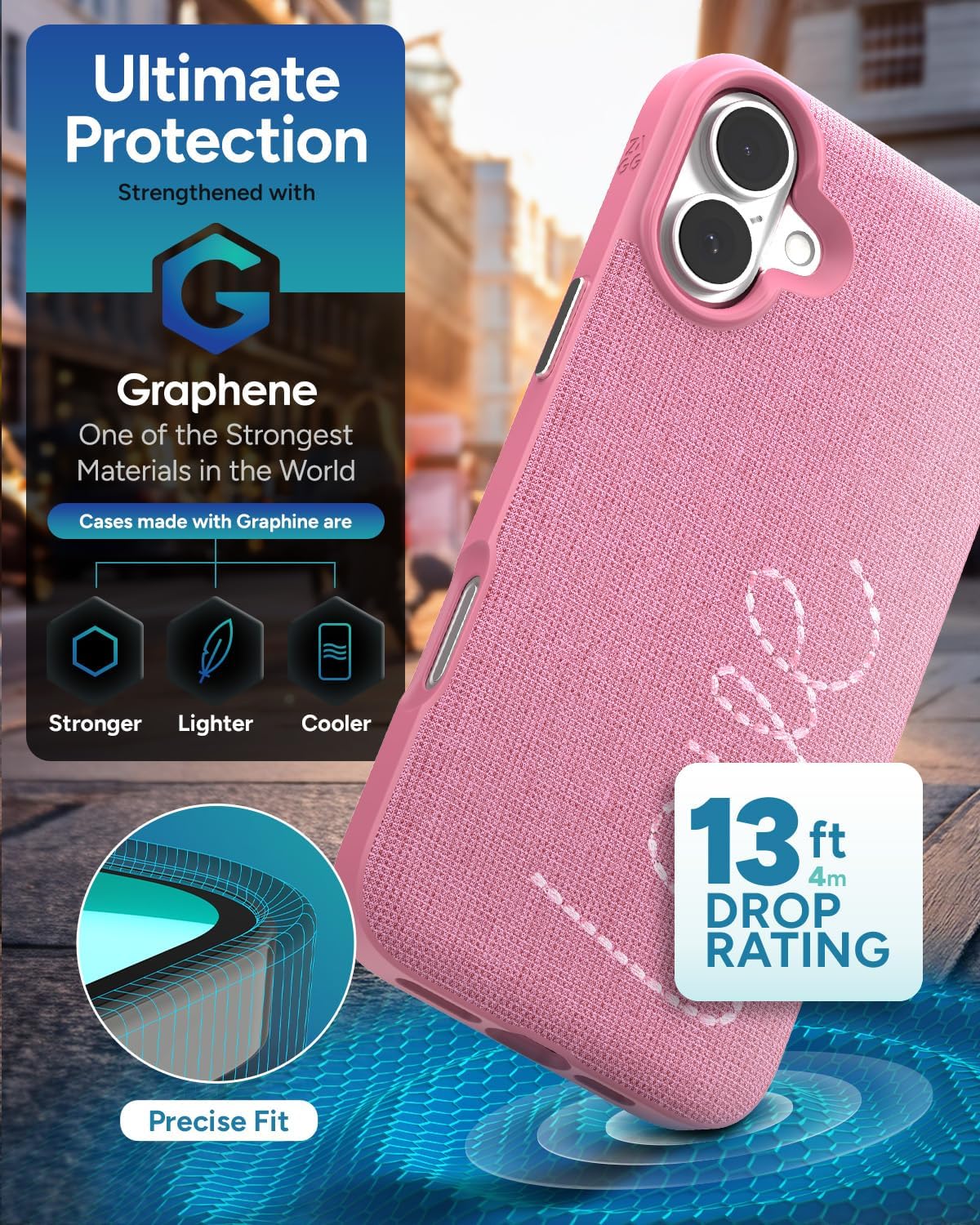 ZAGG London Snap Case for iPhone 16 Plus - Love Embroidered Fabric, MagSafe Compatible, 13ft Drop Protection, Slim, Stylish, Durable, Recycled Materials, Pink