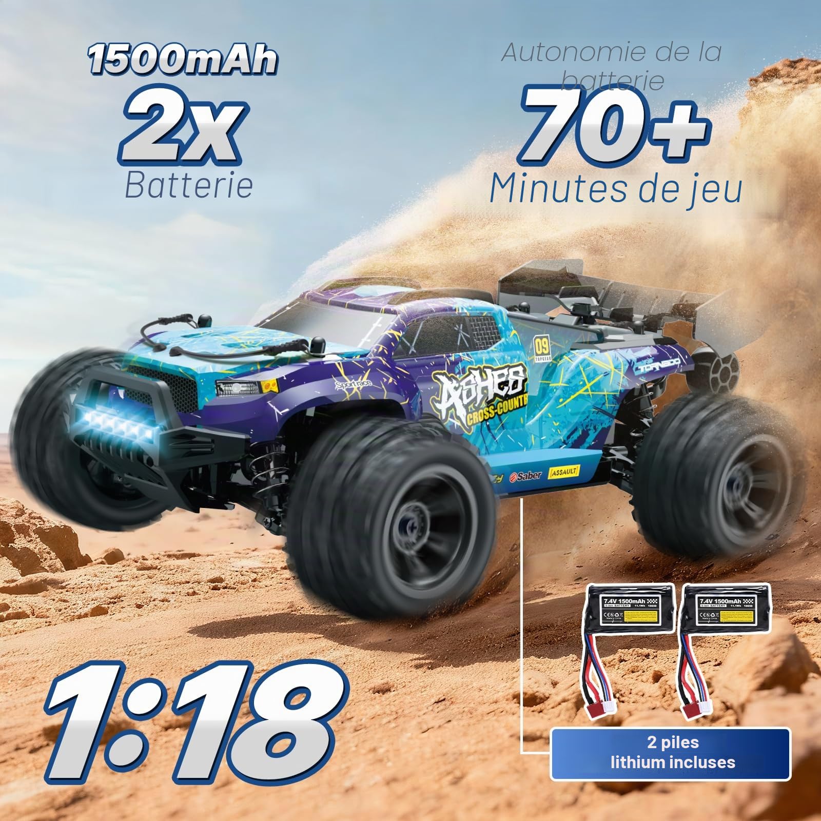 Voiture Télécommandée pour Adultes 1:18, RC Auto 2,4 GHz 4WD 40km/h, RC Car Offroad Sans Balais avec 2X 1500mAh Batteries & Moteur RC380: RC Buggy pour l'extérieur à partir de 14 ans