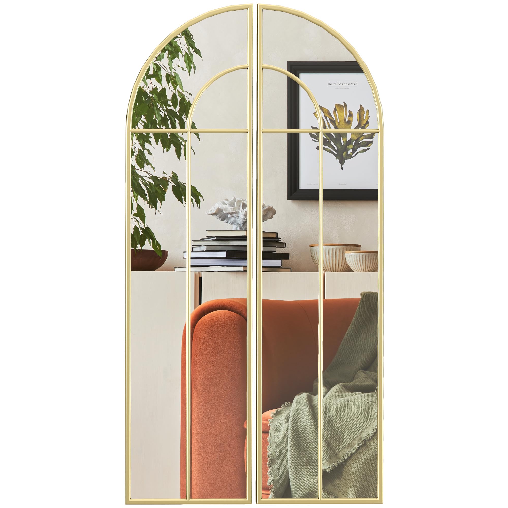 HOMCOM Espejo Decorativo de Pared de 2 Piezas 30x120 cm Espejo de Ventana con Diseño en Arco y Marco de Metal Espejo para Salón Dormitorio Entrada Dorado