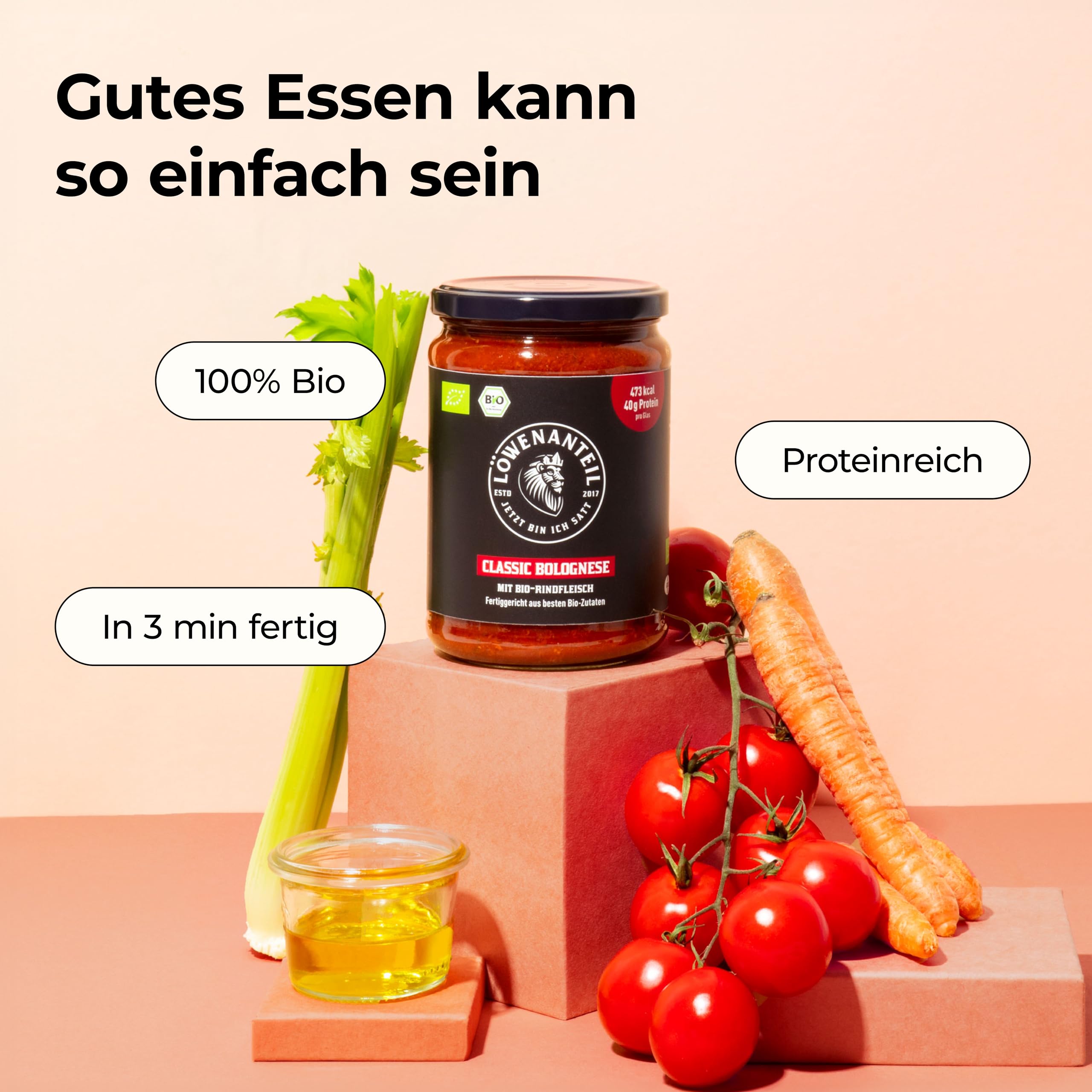Löwenanteil - 100% Bio-Eintopf CLASSIC BOLOGNESE - 570g Glas - Proteinreiches Bio-Fertiggericht mit saftigem Bio-Rindfleisch, Tomaten & Basilikum - Ohne Zuckerzusatz & Glutenfrei
