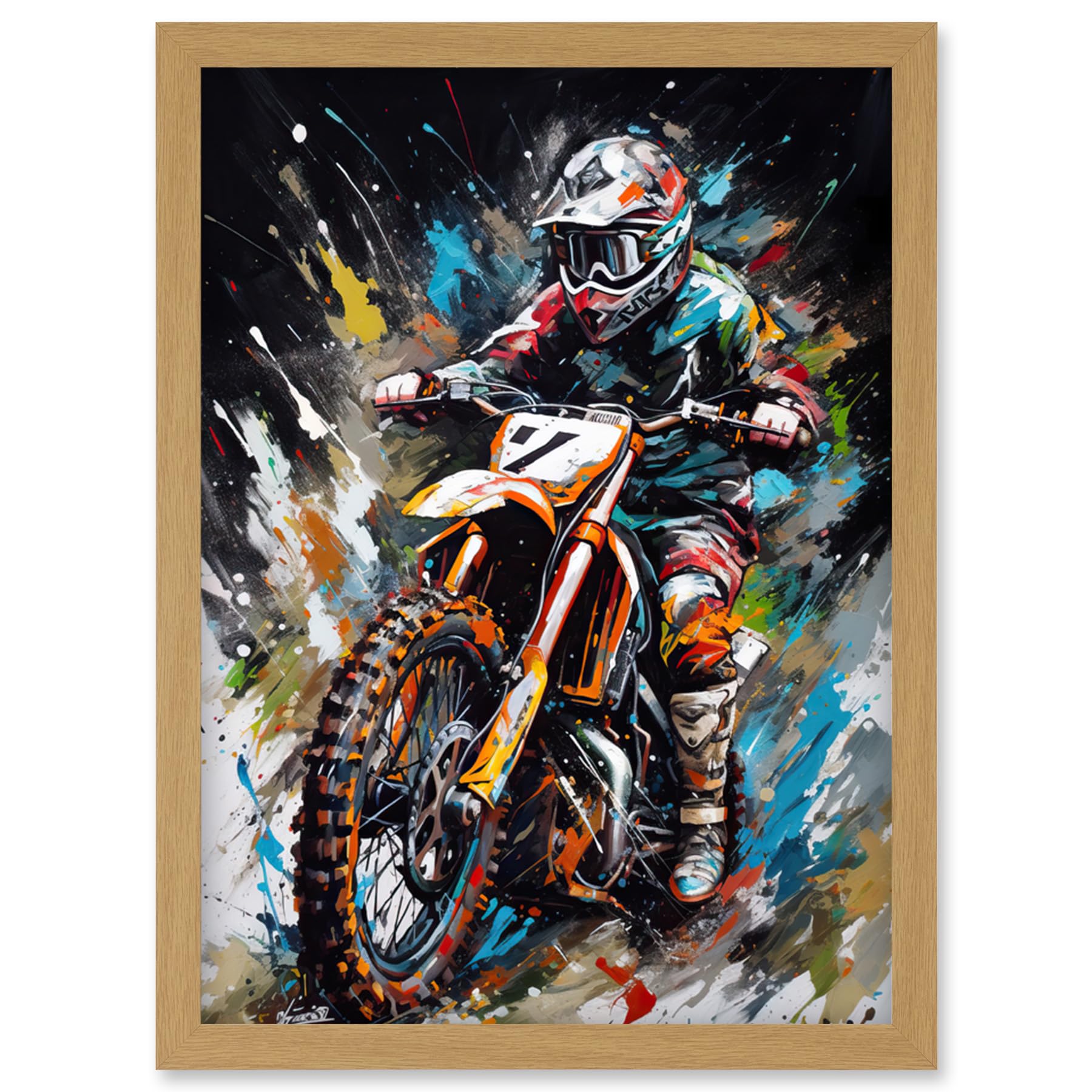 Artery8 Motocross Race Driver Number 7 Racing Action Shot Artwork Framed Wall Art Print A4