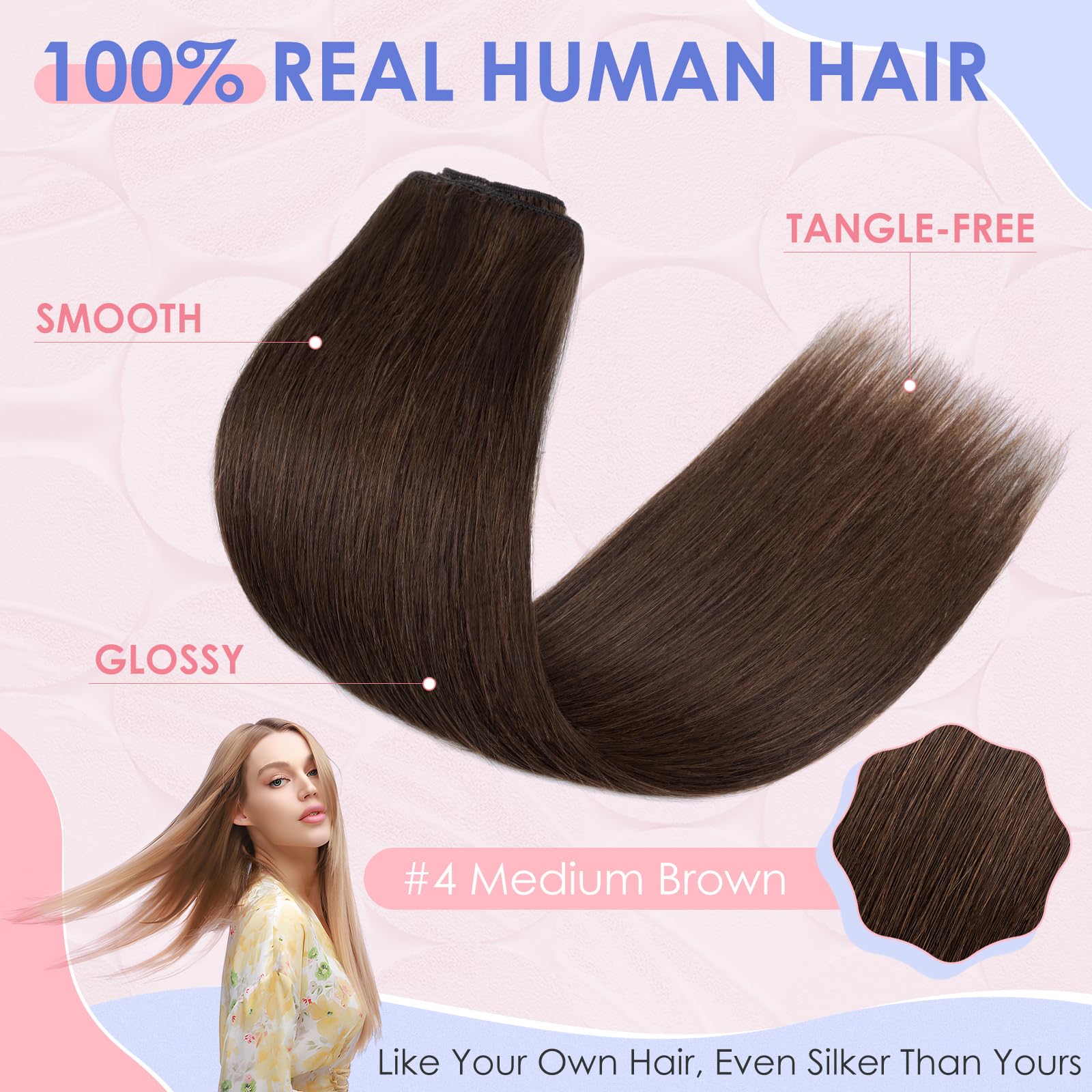 Elailite Clip in Hair Extensions Real Human Hair Remy Natural Hair #4 Medium Brown 16 Inch 90g 8 Pieces Standard Weft Full Head Straight - Image 4