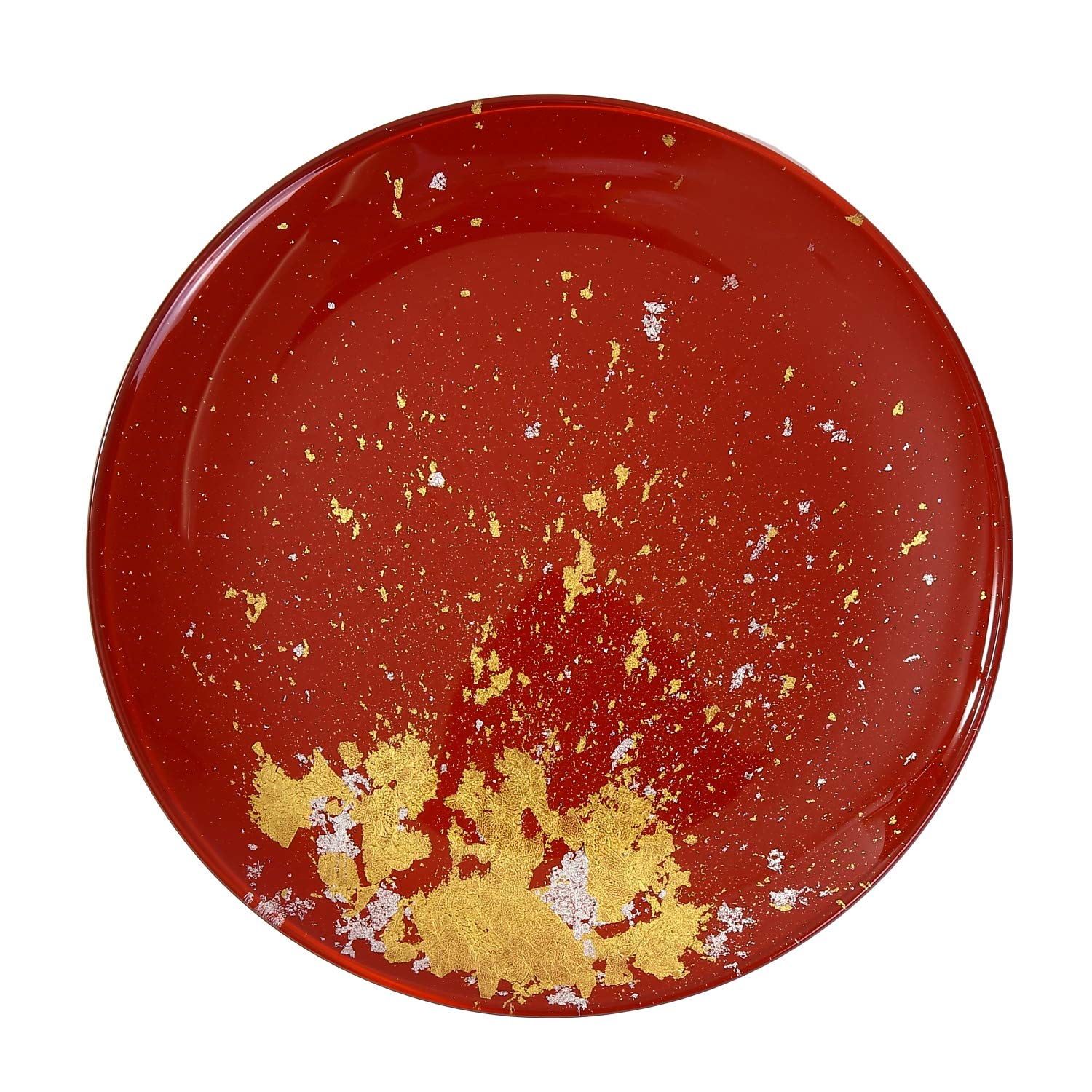 Syosaku Japanese Urushi Glass Flat Dinner Plate Φ11-inch Vermilion with Gold Leaf, Dishwasher Safe, Flat Dinner 11-inch (28cm)