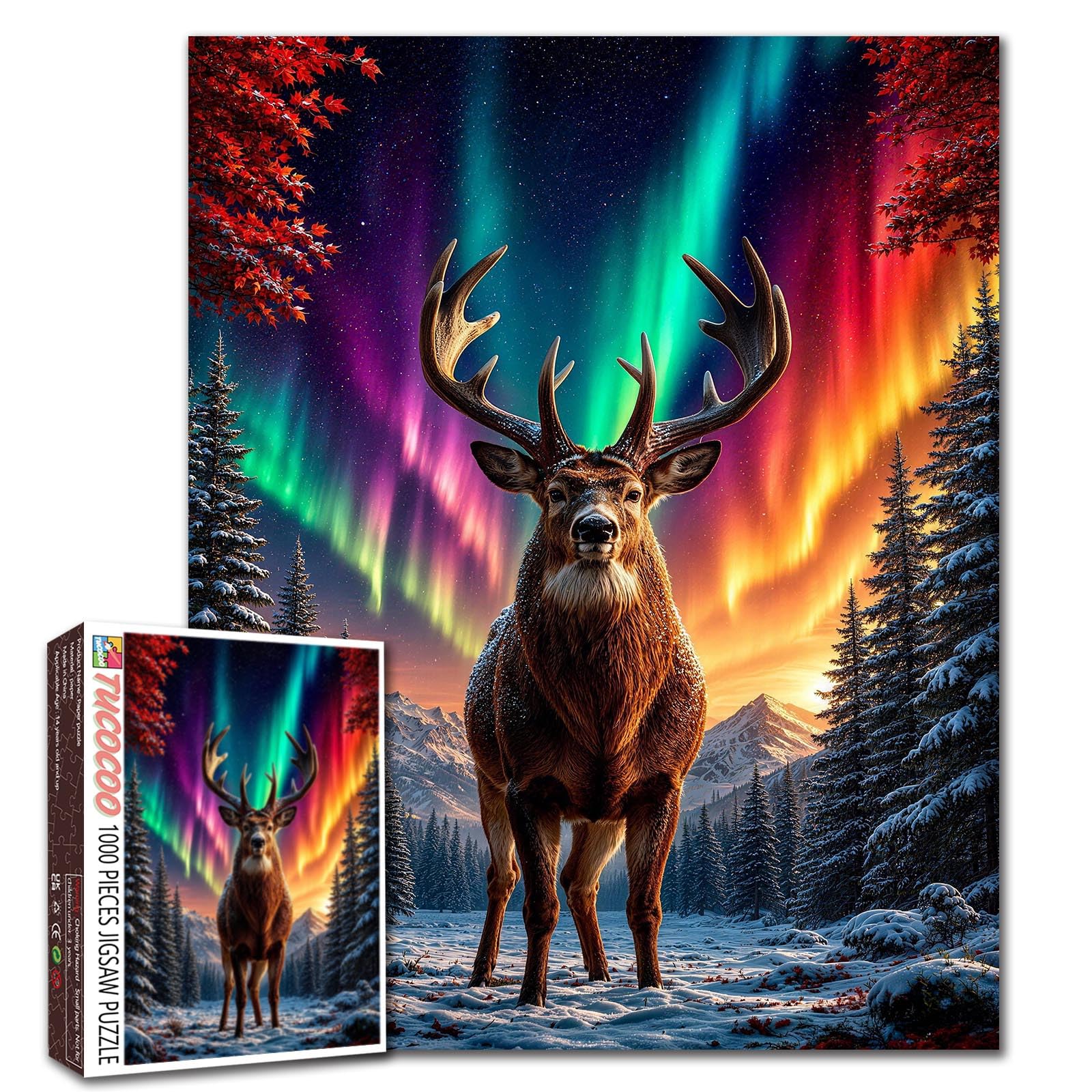 Aurora Deer 1000 Piece Jigsaw Puzzles for Adults Winter Forest Jigsaw Puzzle for Challenging Family Activity Game Snowy mountain Artwork Puzzle for Home Decor Unique Gifts 19.7"x27.6"