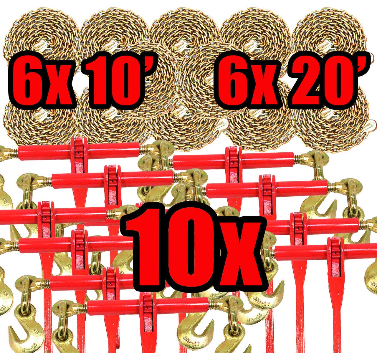 3/8 Transport Hauling Load Package 10x Ratchet Binders 6 x 10' Foot, 6 x 20' Chains Amazon