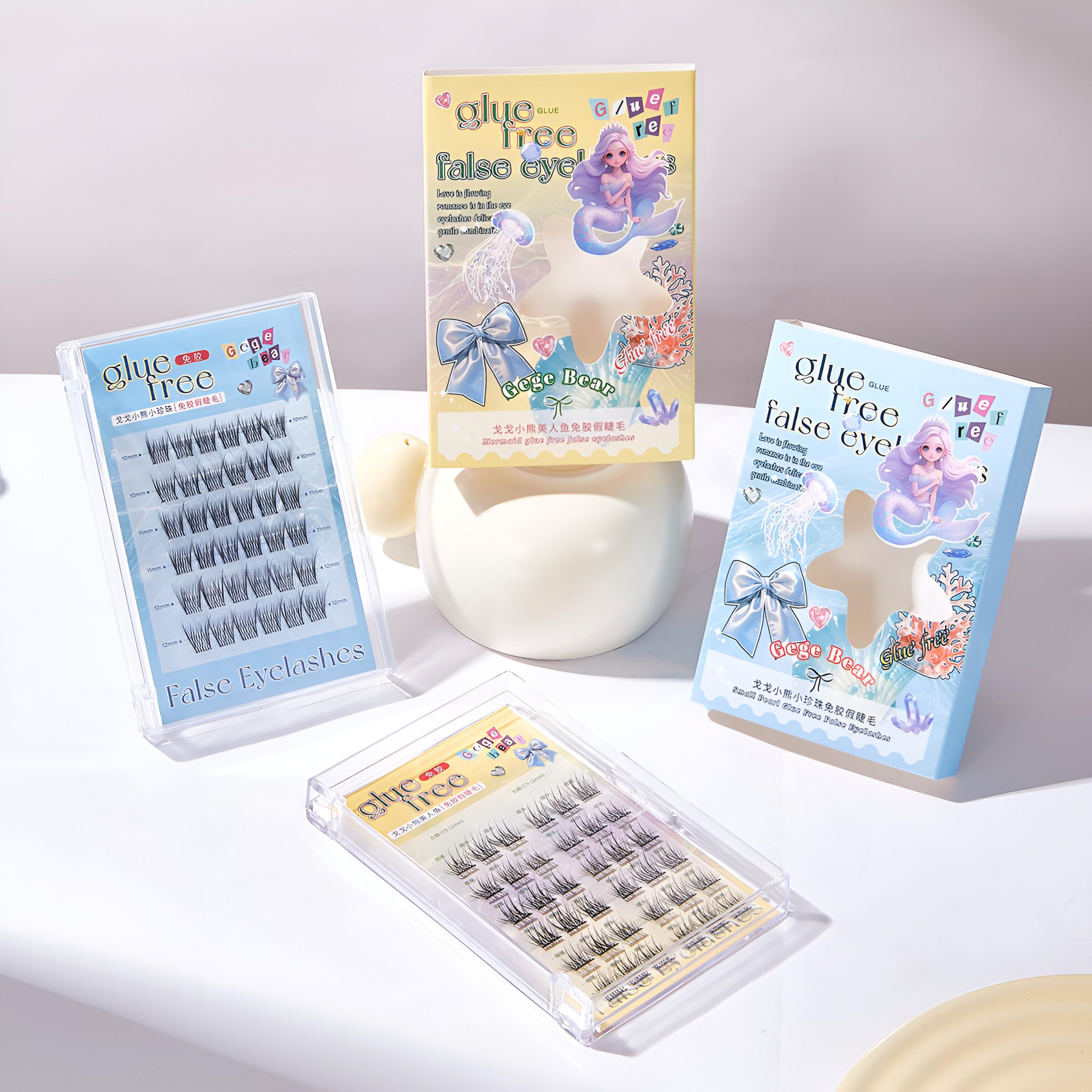 Gege Bear Glue Free False Eyelashes | Instant 3-Second Application – Just Press & Go | No Glue, No Mess, Just Flawless Lashes | Sweatproof & Long-Lasting Hold | Soft, Feathery Fibers for a Lightweight Feel | Reusable & Hypoallergenic | (GX3003-02 / Mermaid-Yellow)