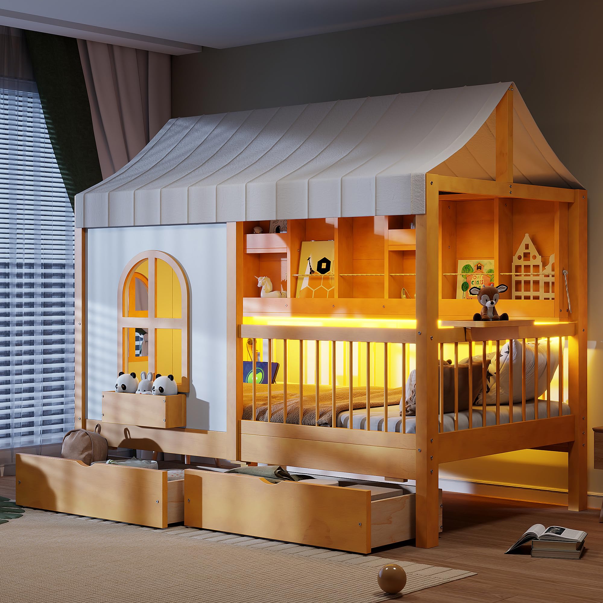 House Bed with Tent and Bookshelf, 2 Drawers, USB Charging