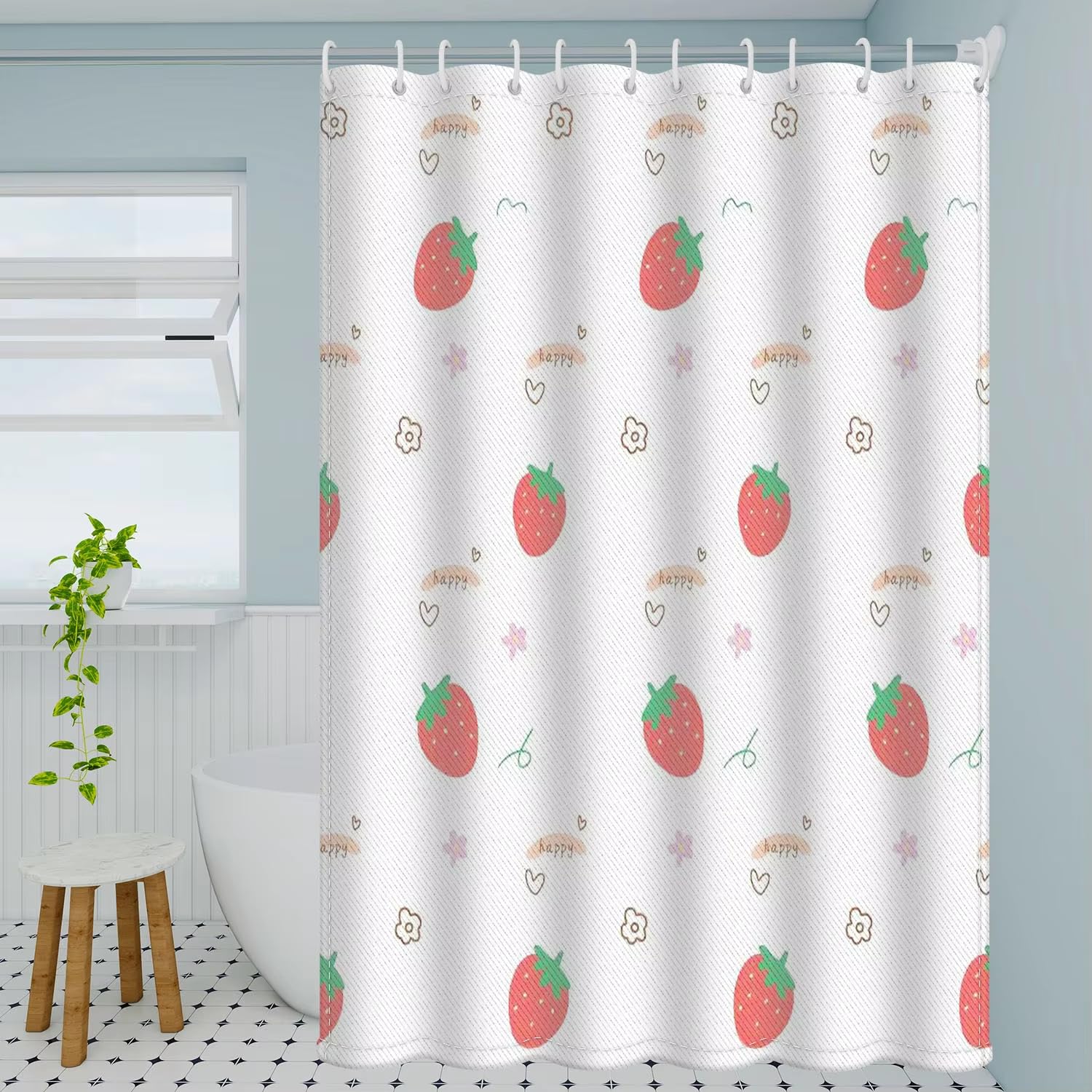 IHHGNB Joyful Strawberry Print Bath Curtain - Sweet Red Berries on Waterproof Polyester Fabric Shower Curtain(150x180cm(59x71in)