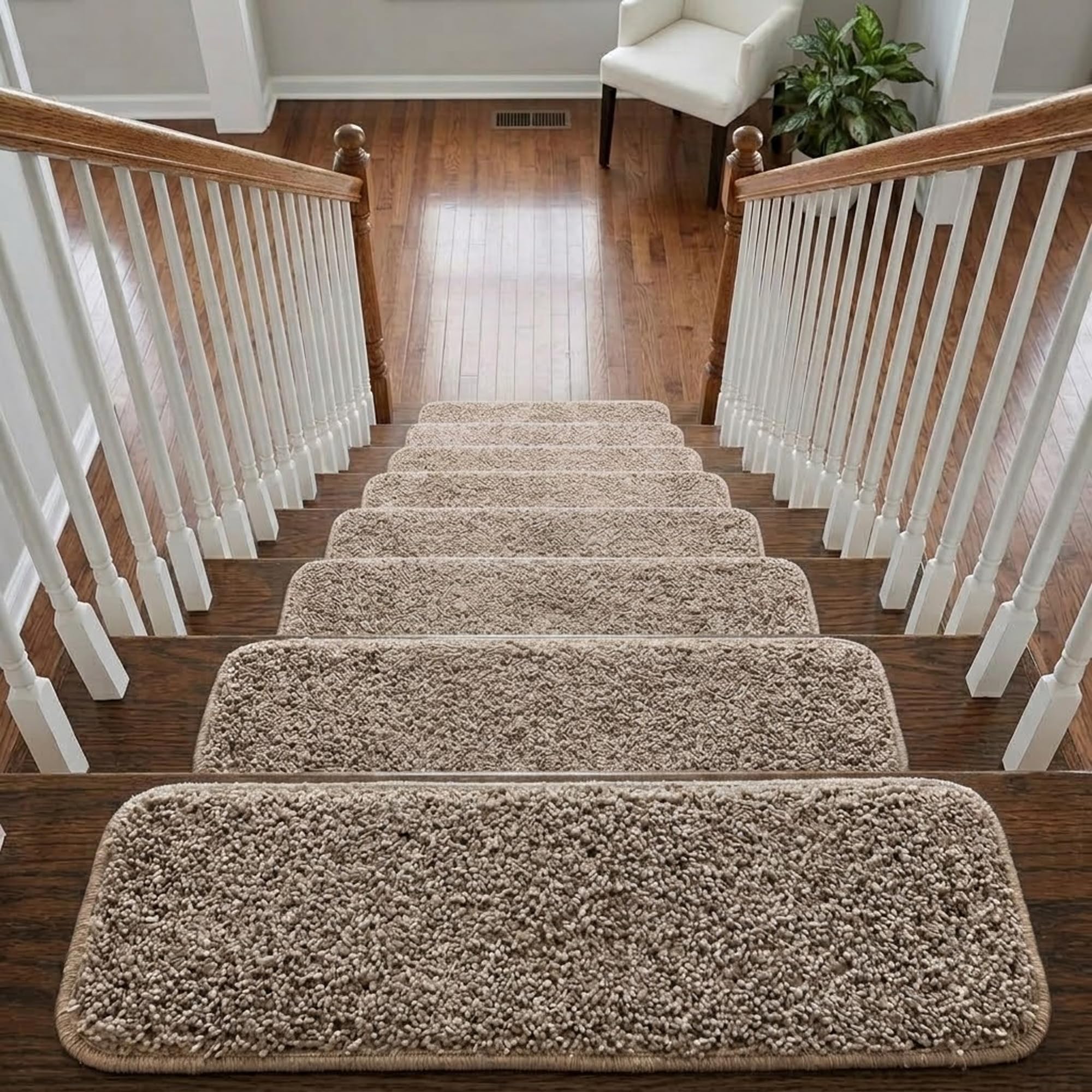 Soft Shaggy Stair Treads Non Slip Machine Washable Carpet Mats 22x67cm 30mm Thick Plush Stair Rugs for Wooden Stairs Indoor Anti Slip Step Mats Safe for Kids Pets Hallway Home (Beige, 13)