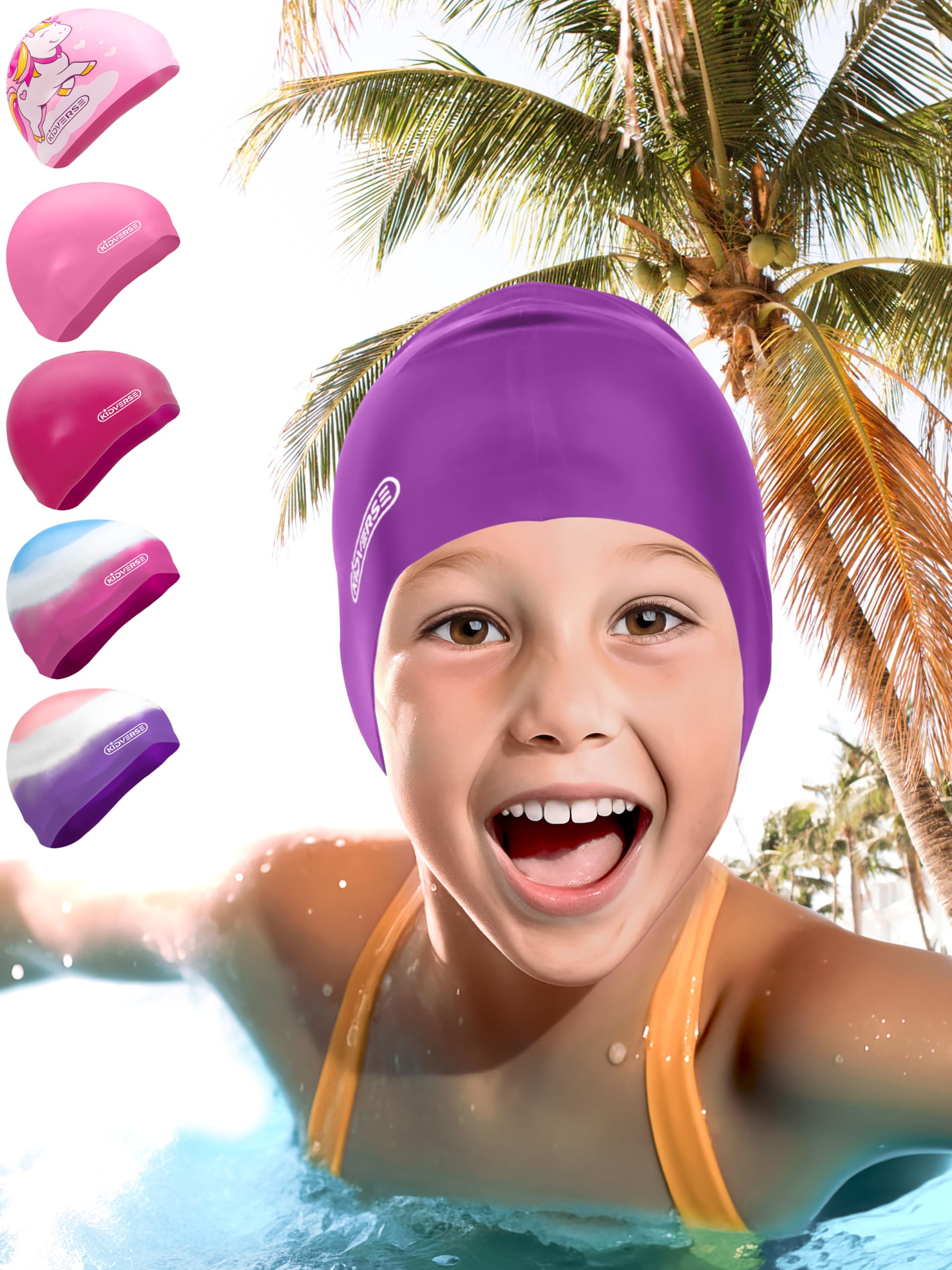 KIDVERSE Badekappe Mädchen - Wasserdichte Badekappe mit Anti-Rutsch-Noppen - Schwimmhaube mit UV-Schutz - 100% Reißfest